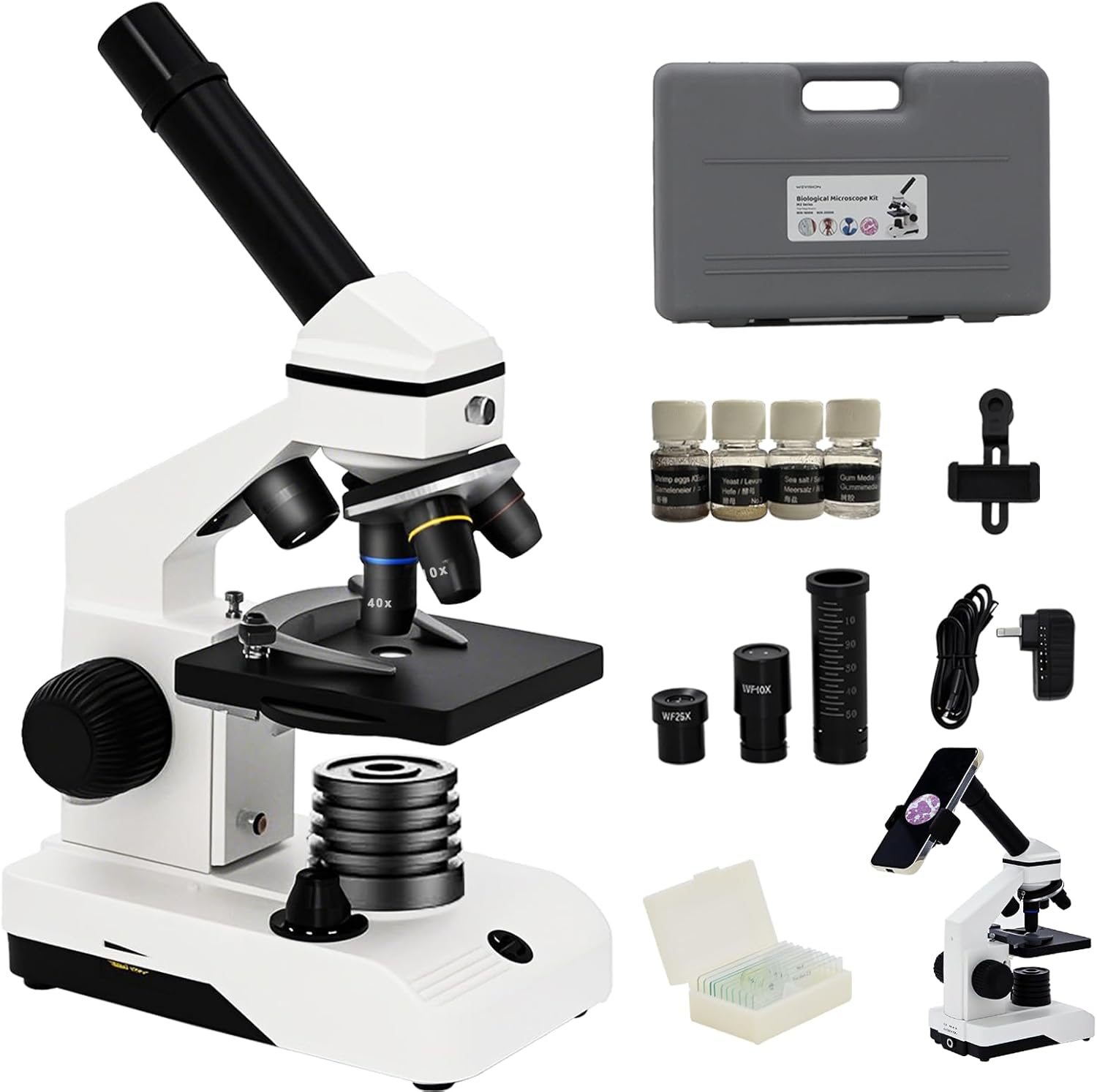 [Dual Power Supply] Compound Monocular Microscope 40X-2000X for Adults & Students – All-Metal STEM Lab Kit w/Glass Optics, Dual LED, Slides & Carry Case