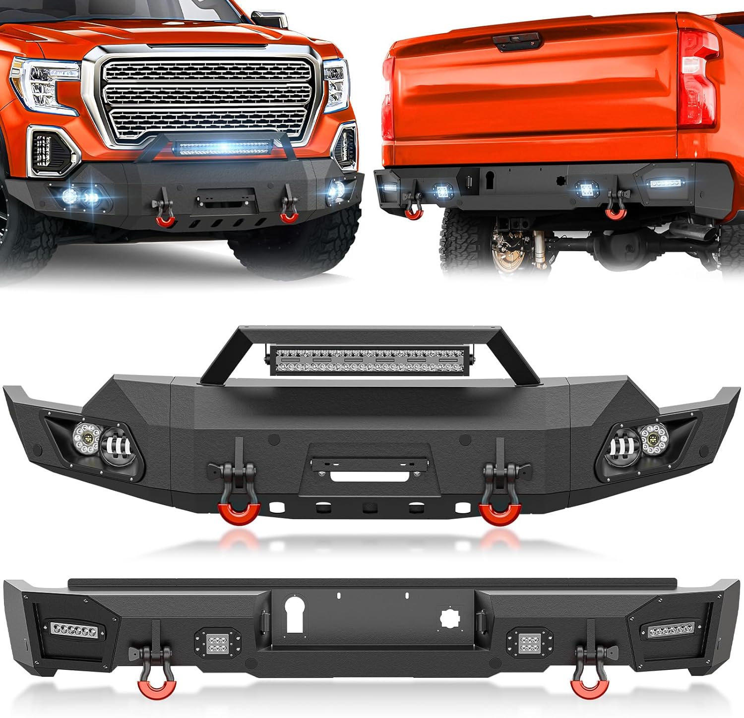 Pickup Truck Front and Rear Bumpers Compatible for 2019-2021 GMC Sierra 1500 & 2022 Sierra 1500 Limited with Winch Plate, LED Lights, License Plate Frame, Paintable Armor, Sensor Holes & D-rings
