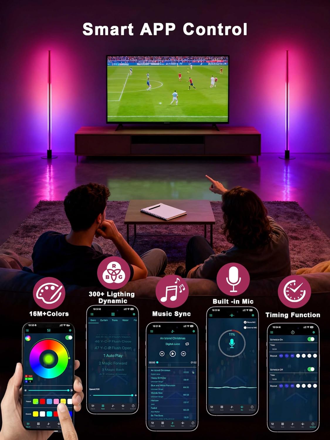 Corner Floor Lamp 2PCS, 1300Lumen Modern LED lights with Music Sync and 16 Million Colors Foldable, Timer Setting, DIY Shape Light with APP & Remote Control and bendable for Living Room,Bedroom,Room