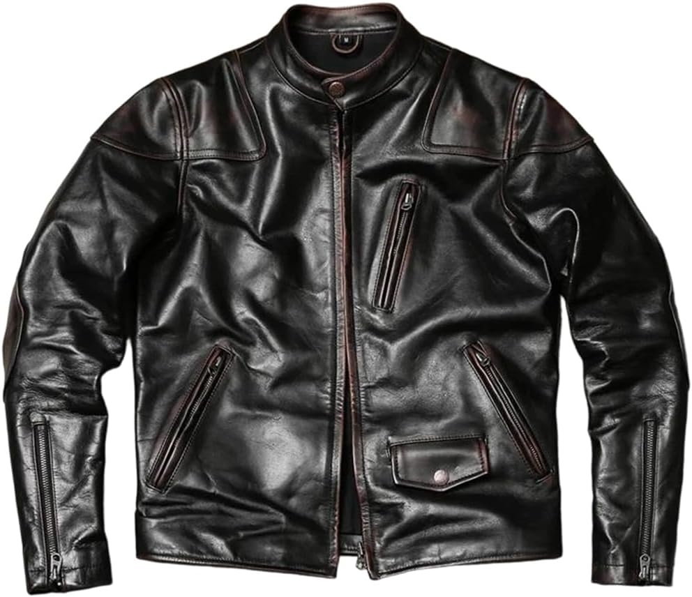 Men Retro Vintage Style Plus Size Genuine Natural Cowhide Stand Collar Black Autumn Leather Jacket Coat