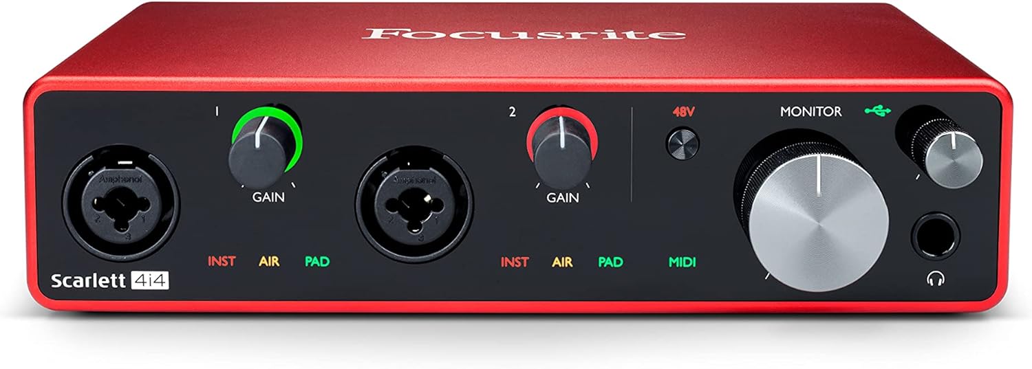 Focusrite Scarlett 4i4 4x4 USB Audio Interface Full Studio Recording Bundle with Condenser Microphone Pop Filter Mic Stand Studio Headphones XLR Cable and Music Production Software
