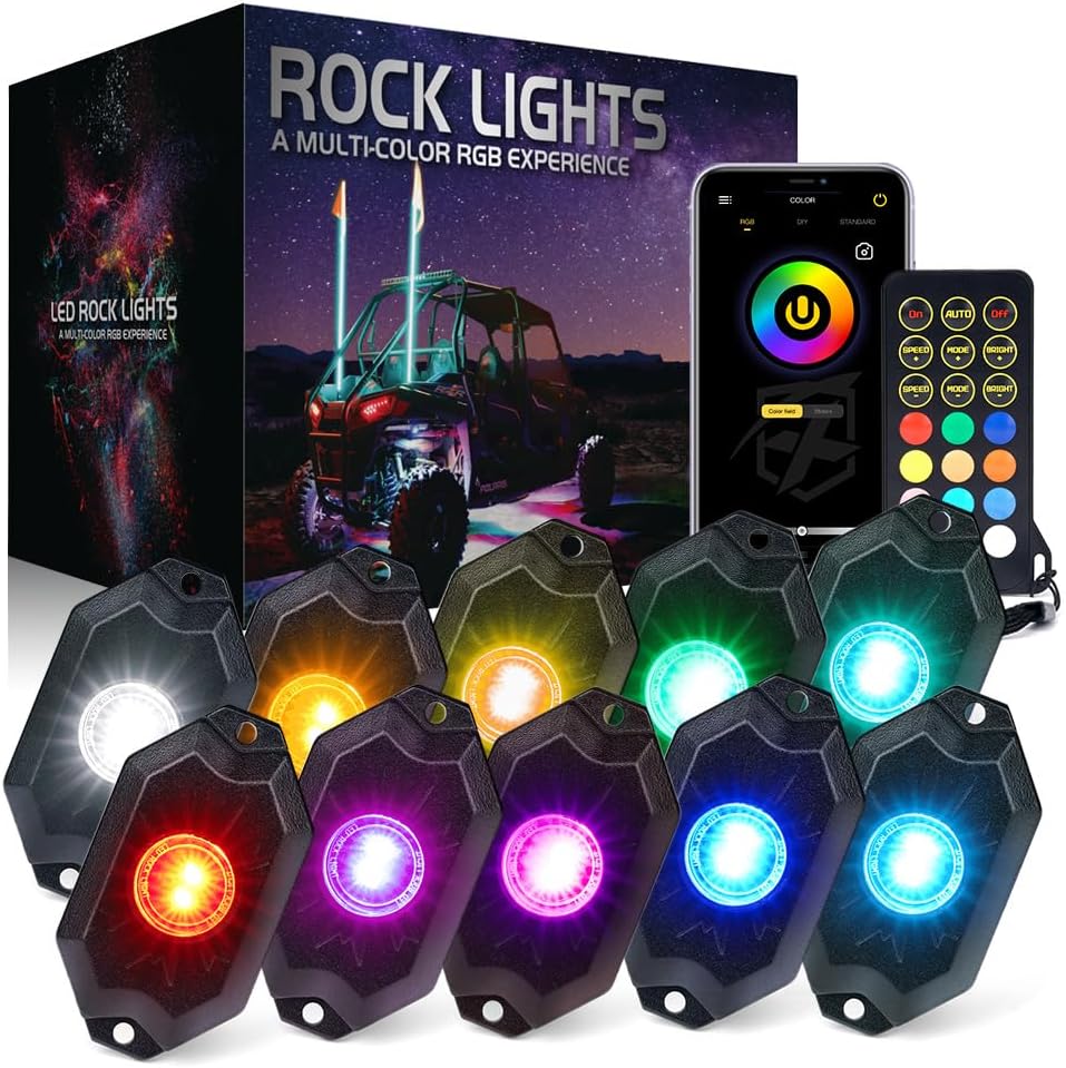 Xprite RGBW LED Rock Lights Kit with Bluetooth & Wireless Remote Controller, Multicolor Cars Underglow, Wheel, Footwell Neon Light Kits, for Off-Road UTV ATV Trucks SUV Motorcycle Boats - 10 Pods
