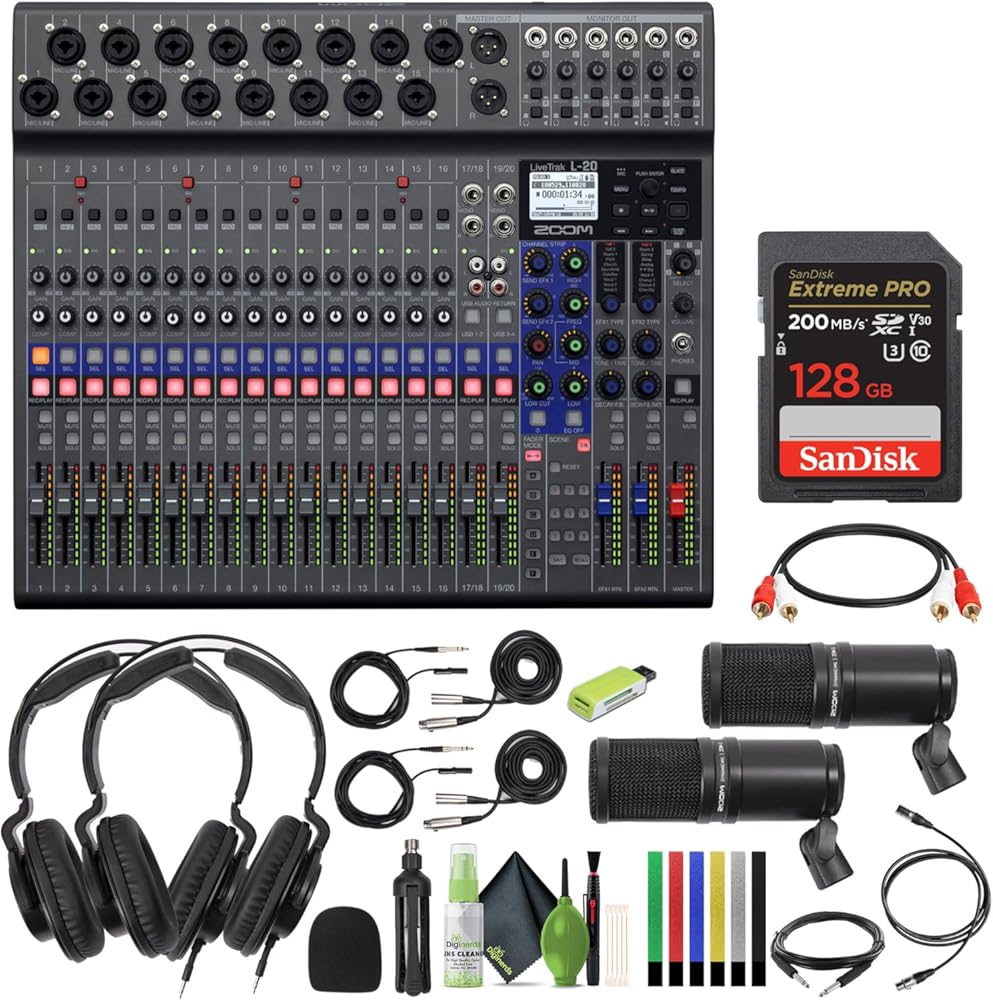 Zoom LiveTrak L-20-20-Input Digital Mixer & Multitrack Recorder + 2x Zoom ZDM-1 Podcast Mic Pack + USB Card Reader, SD/microSD + Xpix Balanced Interconnect, 1/4 inch TRS + Dual RCA Cable + More