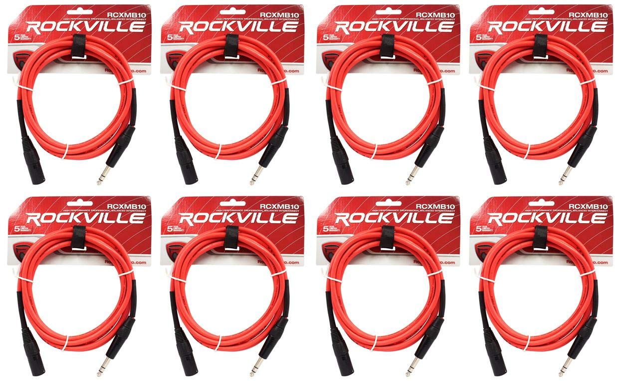 Rockville RCXMB10-R 10 ft Male XLR to 1/4 in TRS Balanced Audio Cable, Red Jacket, 100% Copper Conductors, for Stage, Studio, Live Sound, 8-Piece