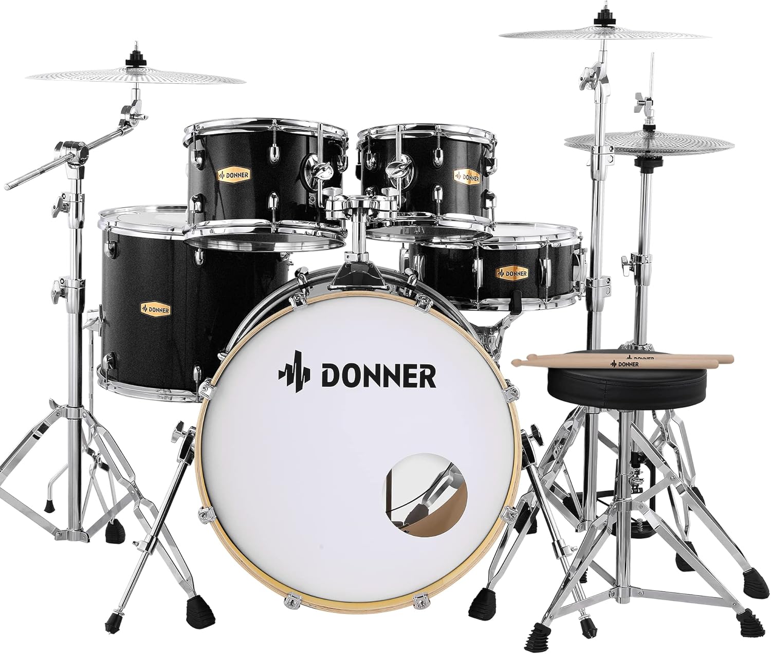 Donner Drum Set Adult with Practice Mute Pad,5-Piece 22 inch Full Size Acoustic Drum Kit, Black- DDS-520