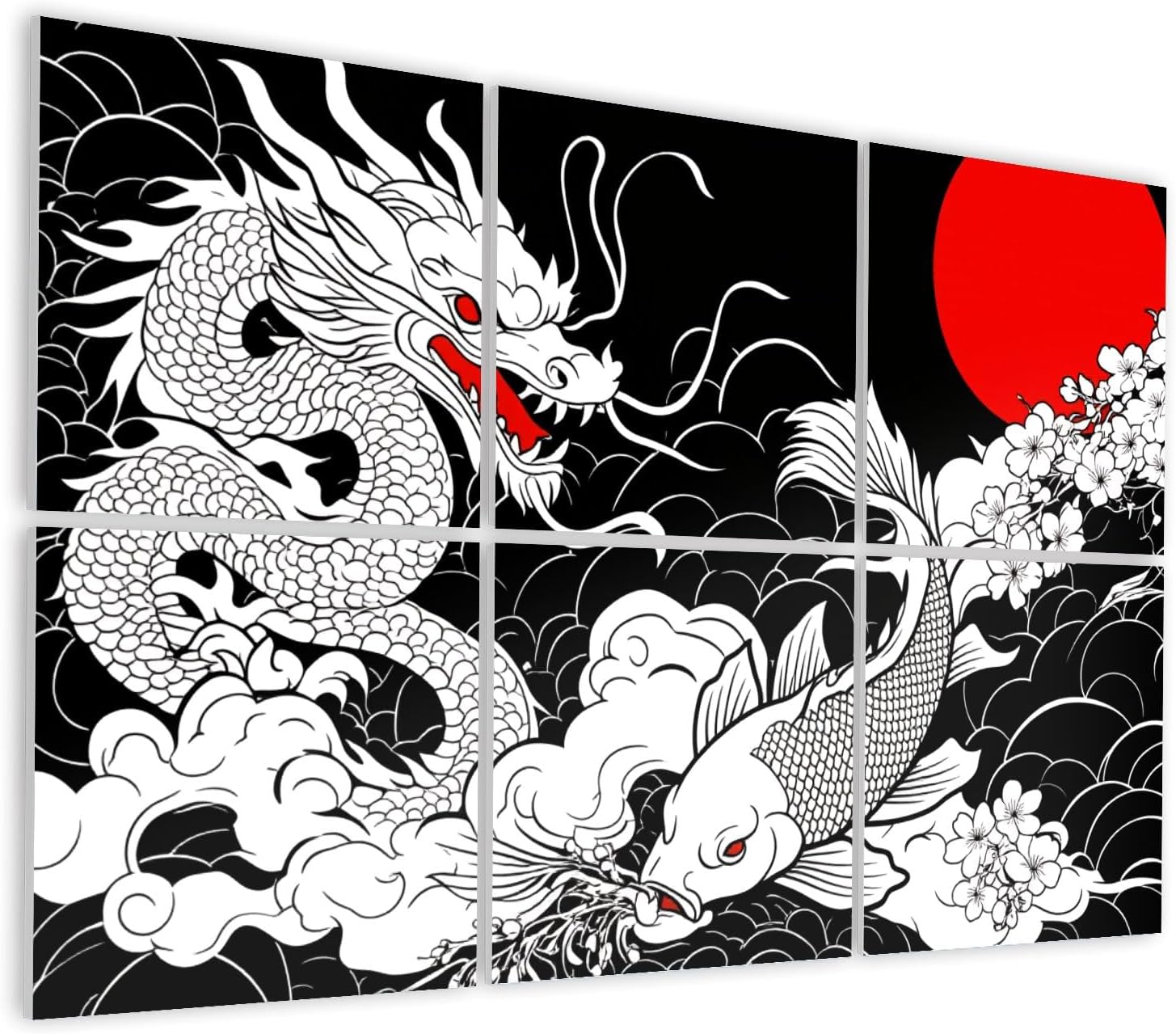6 Pack Art Acoustic Panels Self Adhesive Chinese Dragon Peach Blossom Cloud Tattoo Japanese Tattoo Water Splash Decorative Soundproof Wall Panels Sound Absorbing Panel 48
