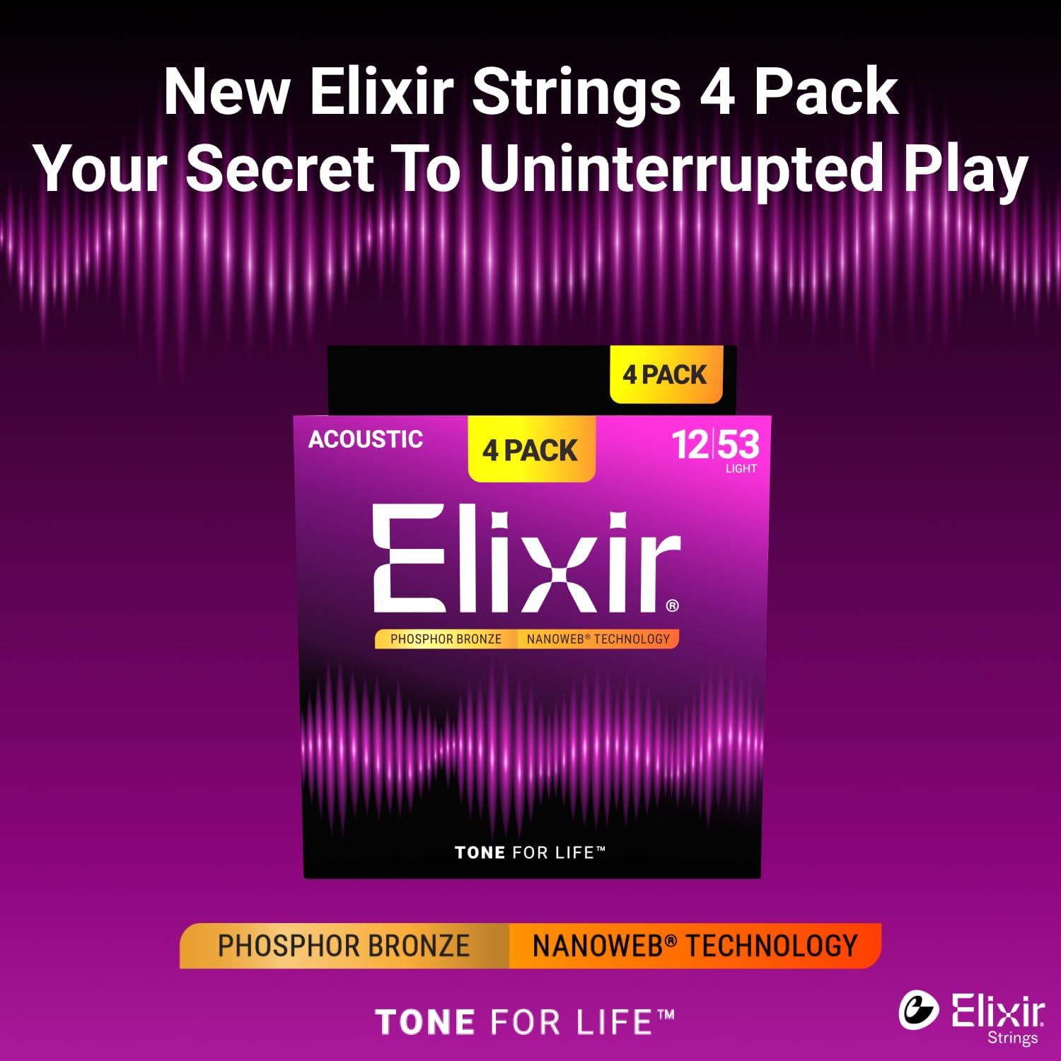 Elixir Strings, Acoustic Guitar Strings, Phosphor Bronze with NANOWEB Technology, Longest-Lasting Rich and Full Tone with Comfortable Feel, 4 Pack, Light 12-53