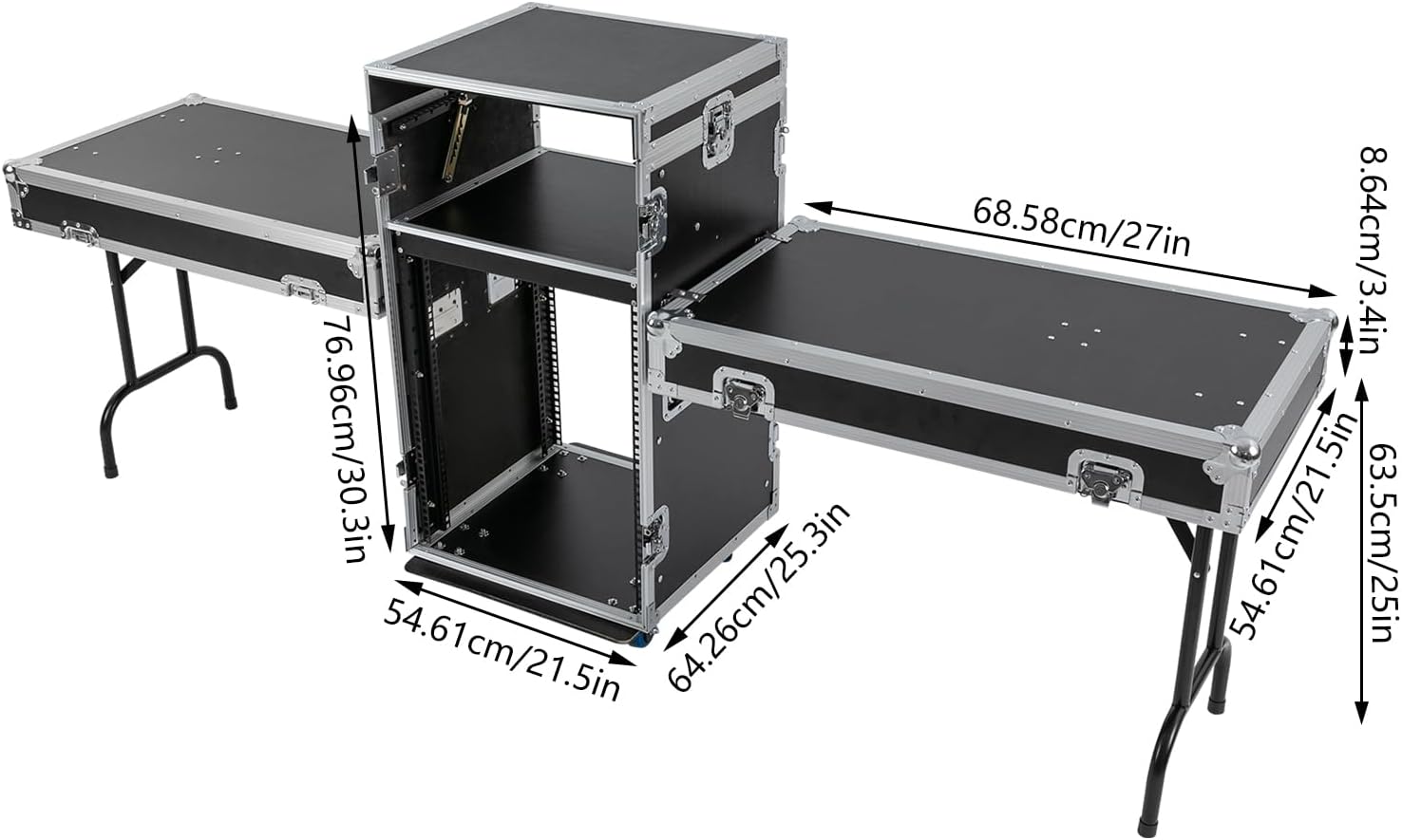 DYNAMI 14U PA DJ Rack w/Wheels,2 Tier Heavy Duty Road ATA Case with 2 Work Tables,DJ Mixer Stand Audio Rack,for Music Studio Booth Pro Audio Recording Cabinet Stage Equipment (14U+Dual Work Table)
