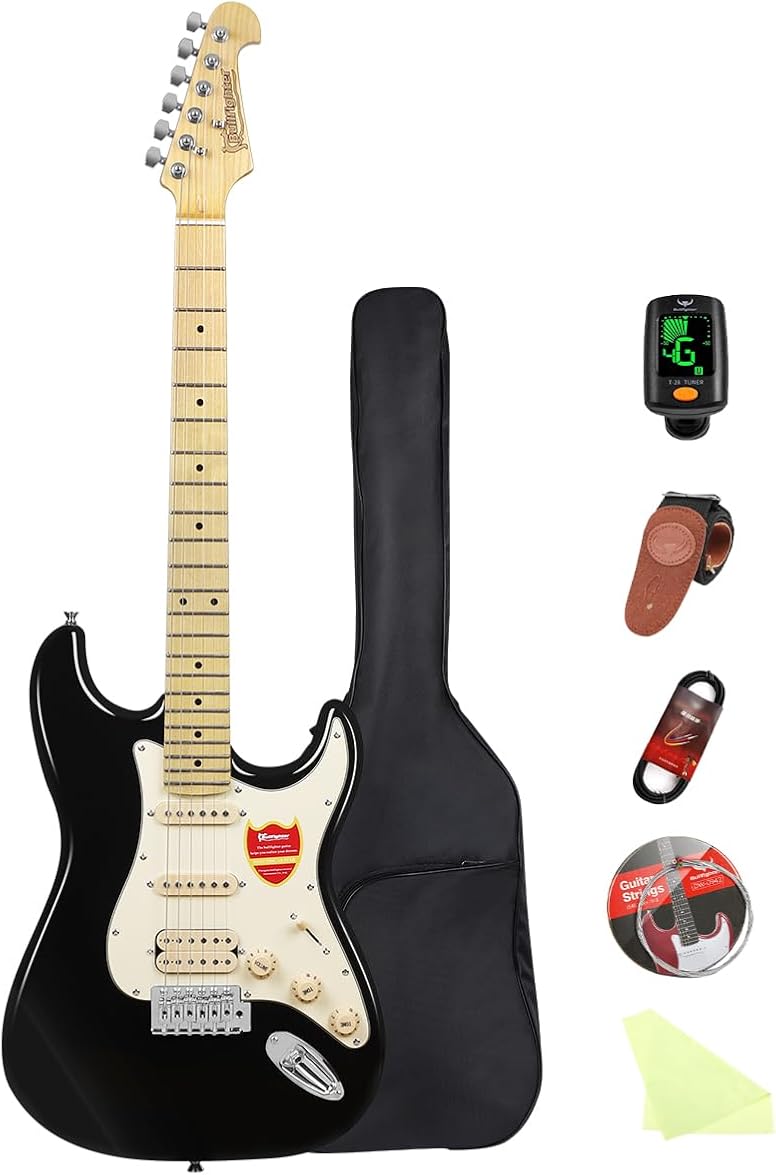 Bullfighter Electric Guitar for Music Lover Beginner 39 Inch Full Size Solid Body Electric Guitar Guitarra Beginner Kit ST SSH Series (Black)