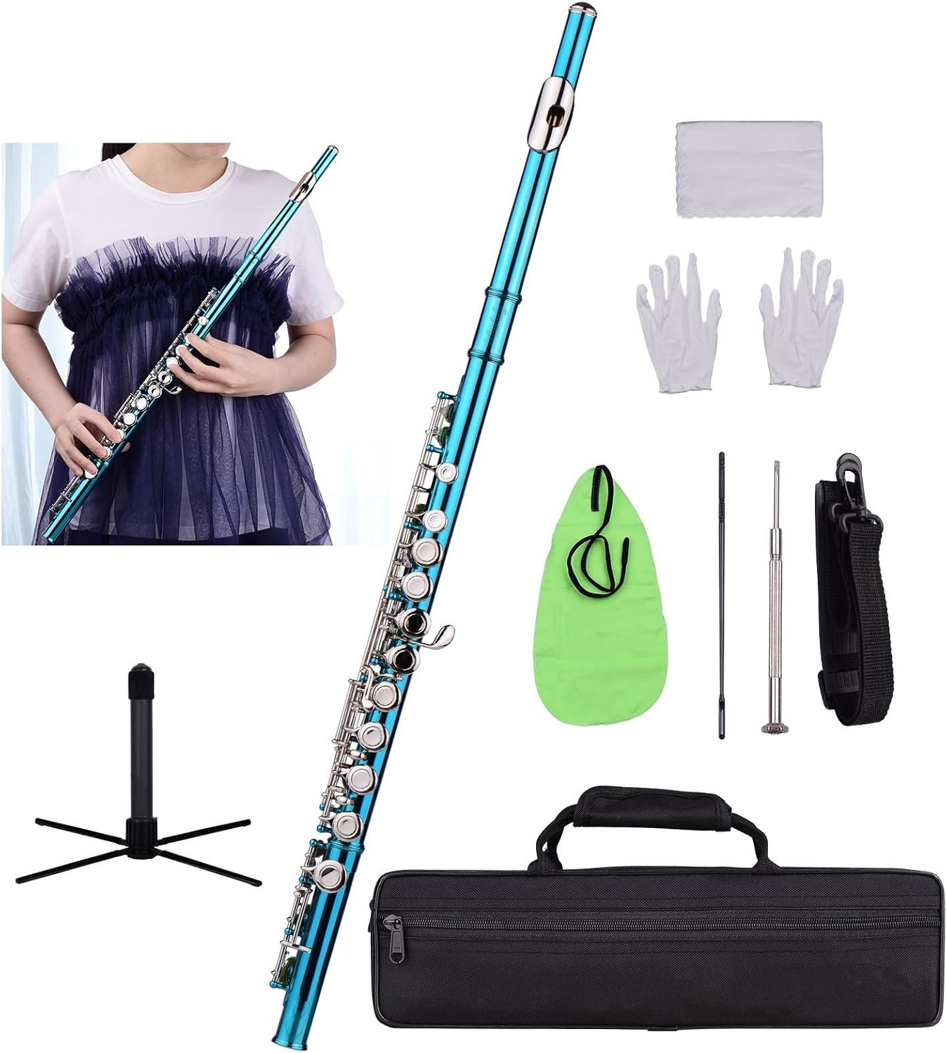 Flute Kit Closed Hole C Flute 16 Keys Cupronickel Nickel-Plated Wind Instrument with Carry Case Flute Stand Other Accessaries Intermediate Flute (Color : Blue Green)