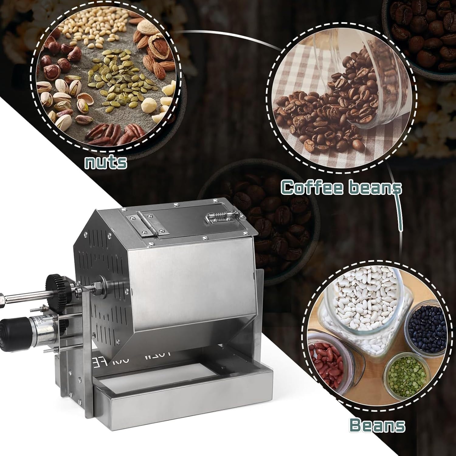 Electric Drum Type Coffee Roaster Machine 5 to 55 RPM Glass Window w/Thermometer &Shovel for Peanut Sesame Wheat Chestnut 3.4L