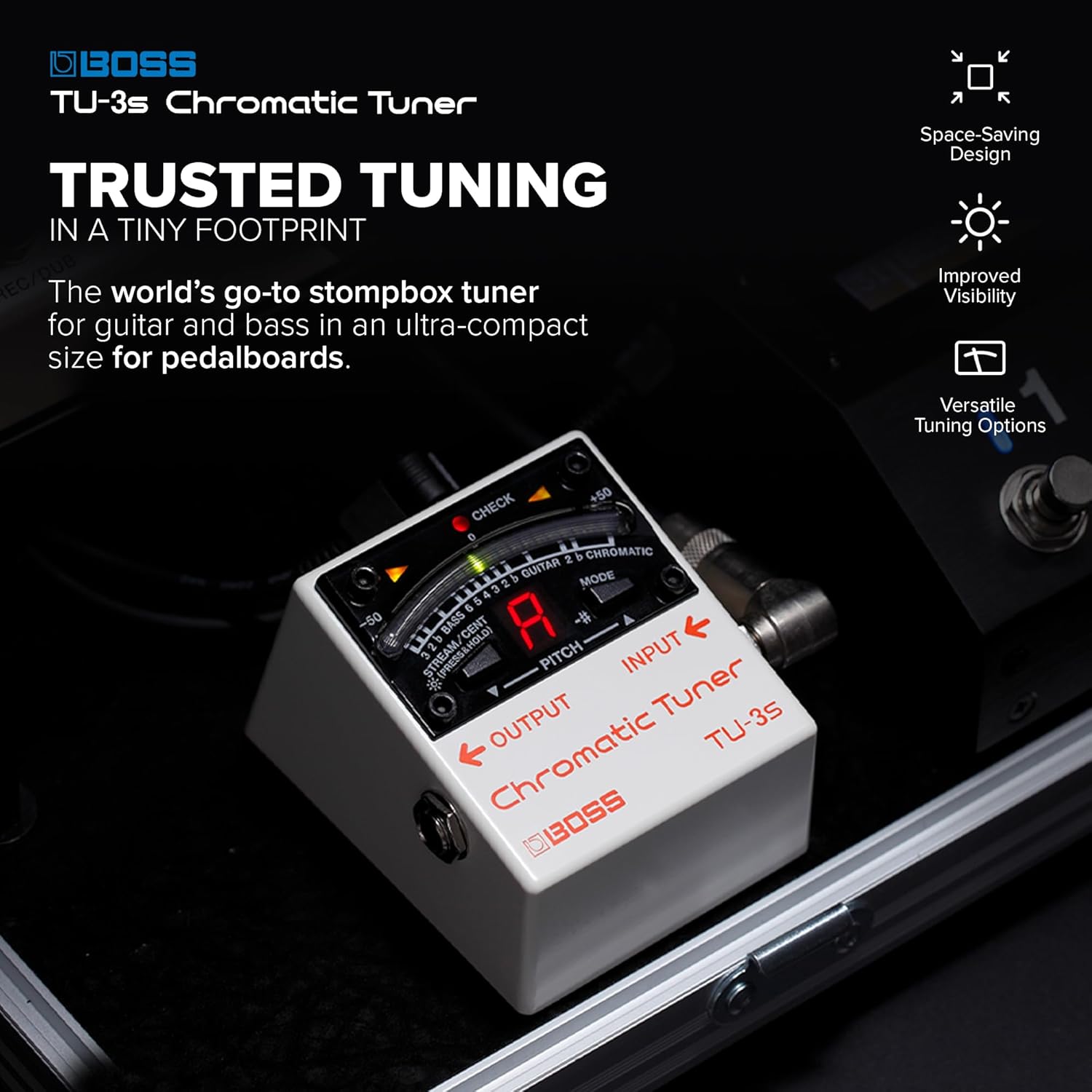 BOSS TU-3S Compact Chromatic Tuner for your Pedalboard | Industry-Standard Performance in a Tiny Footprint | Rock-Solid Tuning for Guitar and Bass | 21-Segment LED Meter | Accu-Pitch Sign Function
