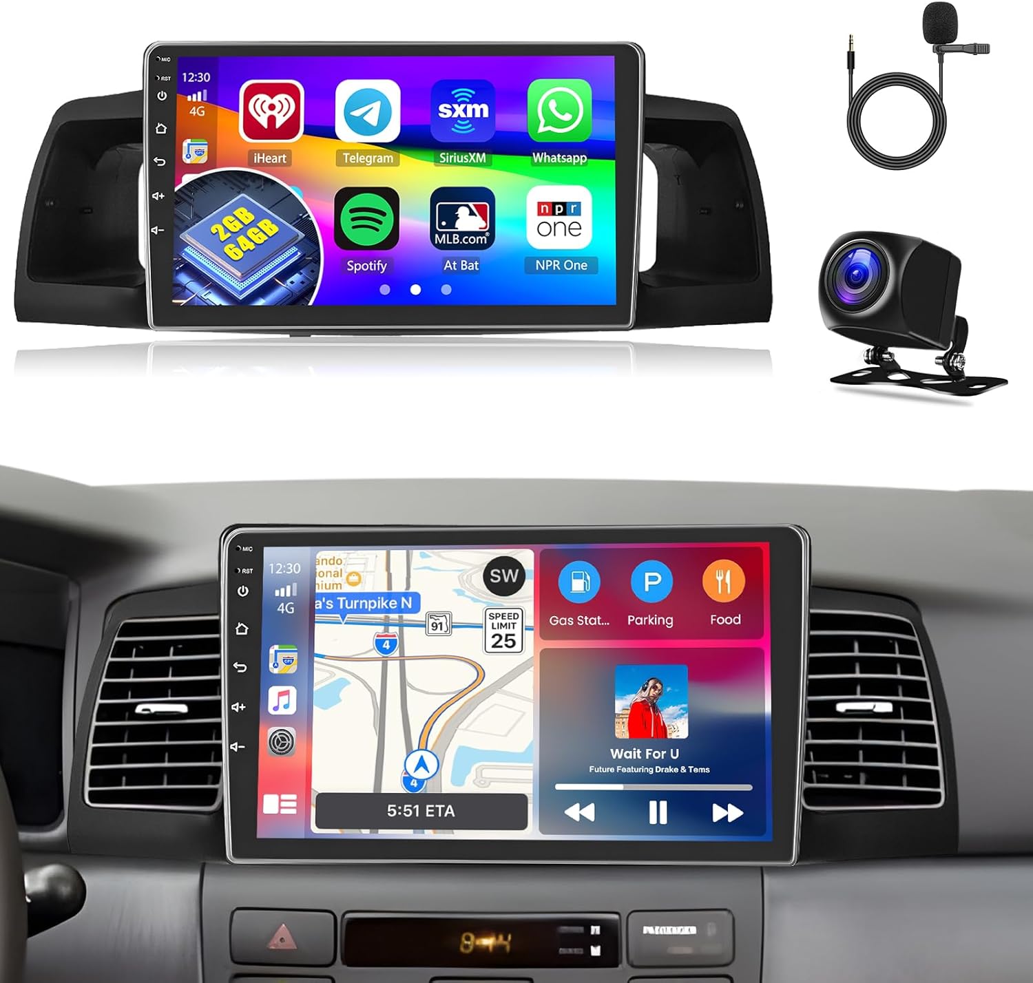 [2G+64G] Android 15 Car Radio for Toyota Corolla EX 2005-2012 with Wireless Carplay/Android Auto, 9 Inch HD Touchscreen for Corolla Stereo with GPS 5GHz WiFi Bluetooth SWC Backup Camera MIC