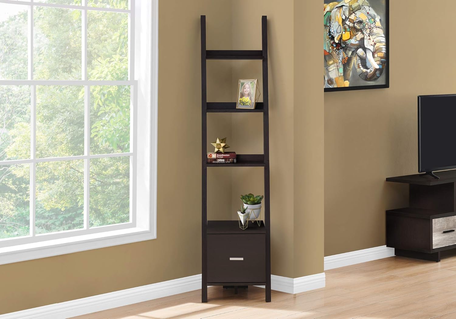 Bookshelf 69 Inch Ladder Bookcase Corner Etagere with 3 Fixed Staggered Shelves and Deep Drawer On Glides, Espresso Laminate Office Bedroom Storage, Space Saving Wall-Mountable