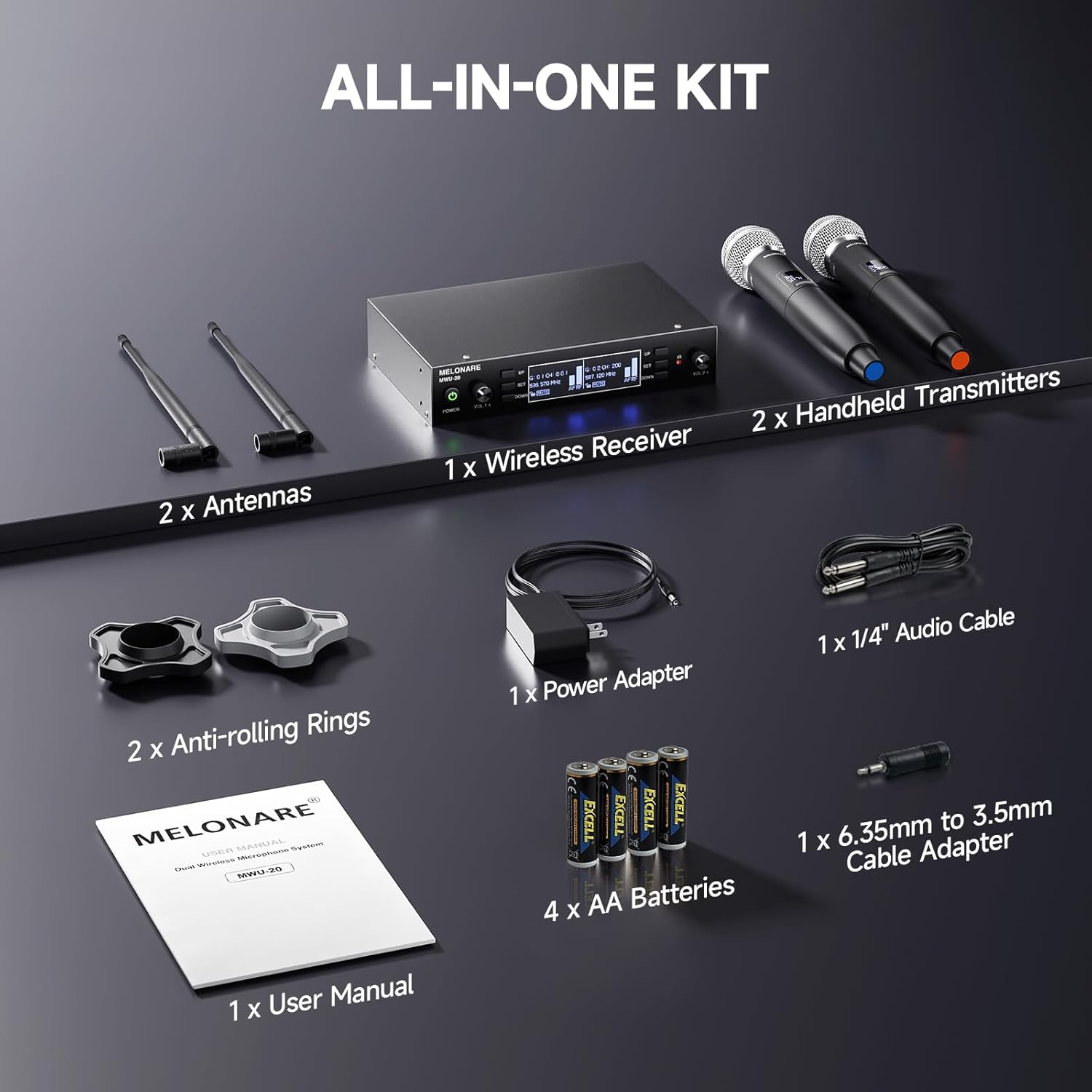 Dual Channel Wireless Microphone System, MELONARE Auto-Scan Professional Cordless Dynamic Mic Set, 260ft Range, 2x100 UHF Metal Wireless Mic for Singing, Karaoke, Church, Wedding, DJ (MWU-20-2H)