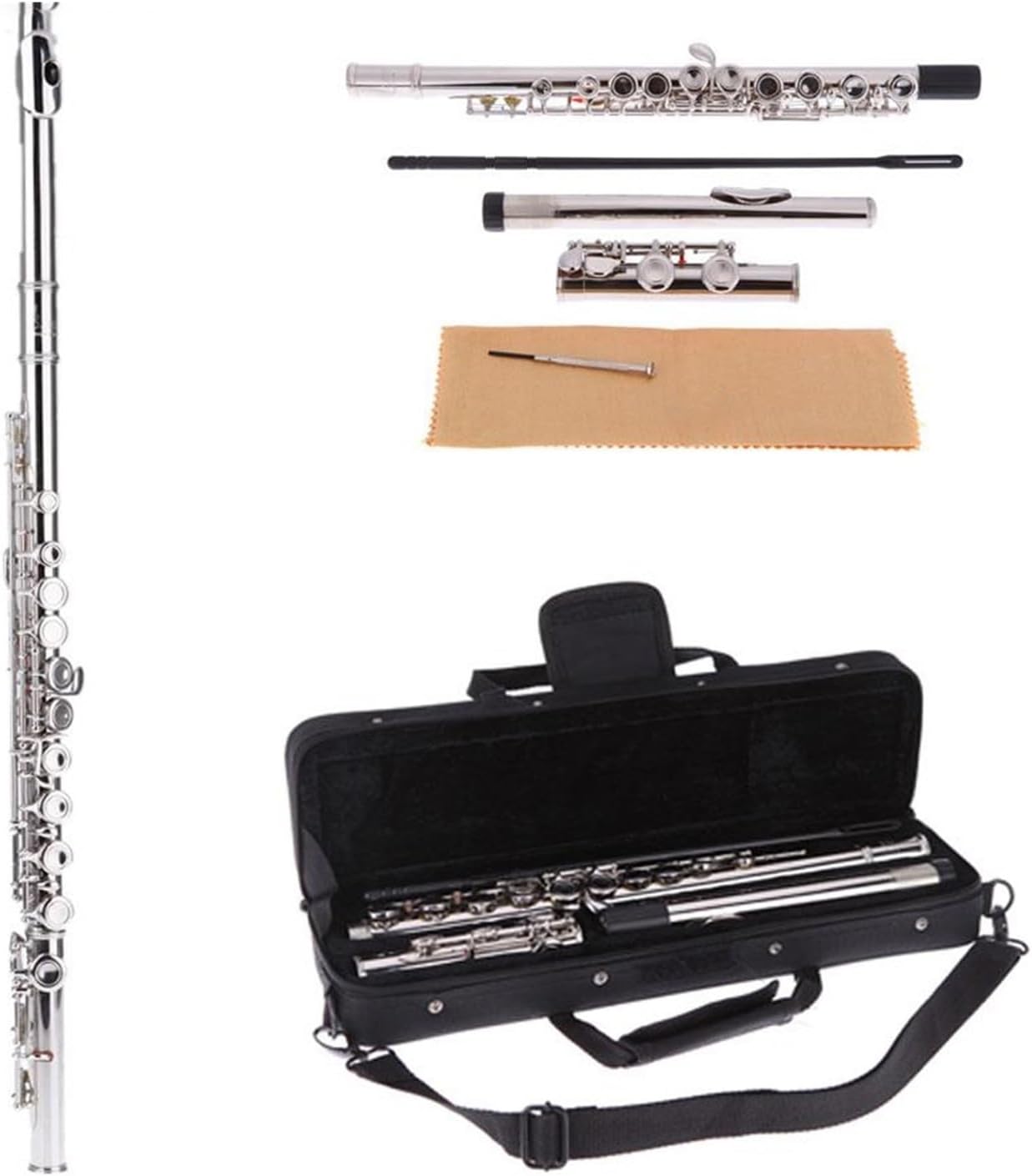 Flute Flute Silver Plated 16 Holes C Key Cupronickel Woodwind Instrument with Cloth Stick Bag Flutes Musical Instruments