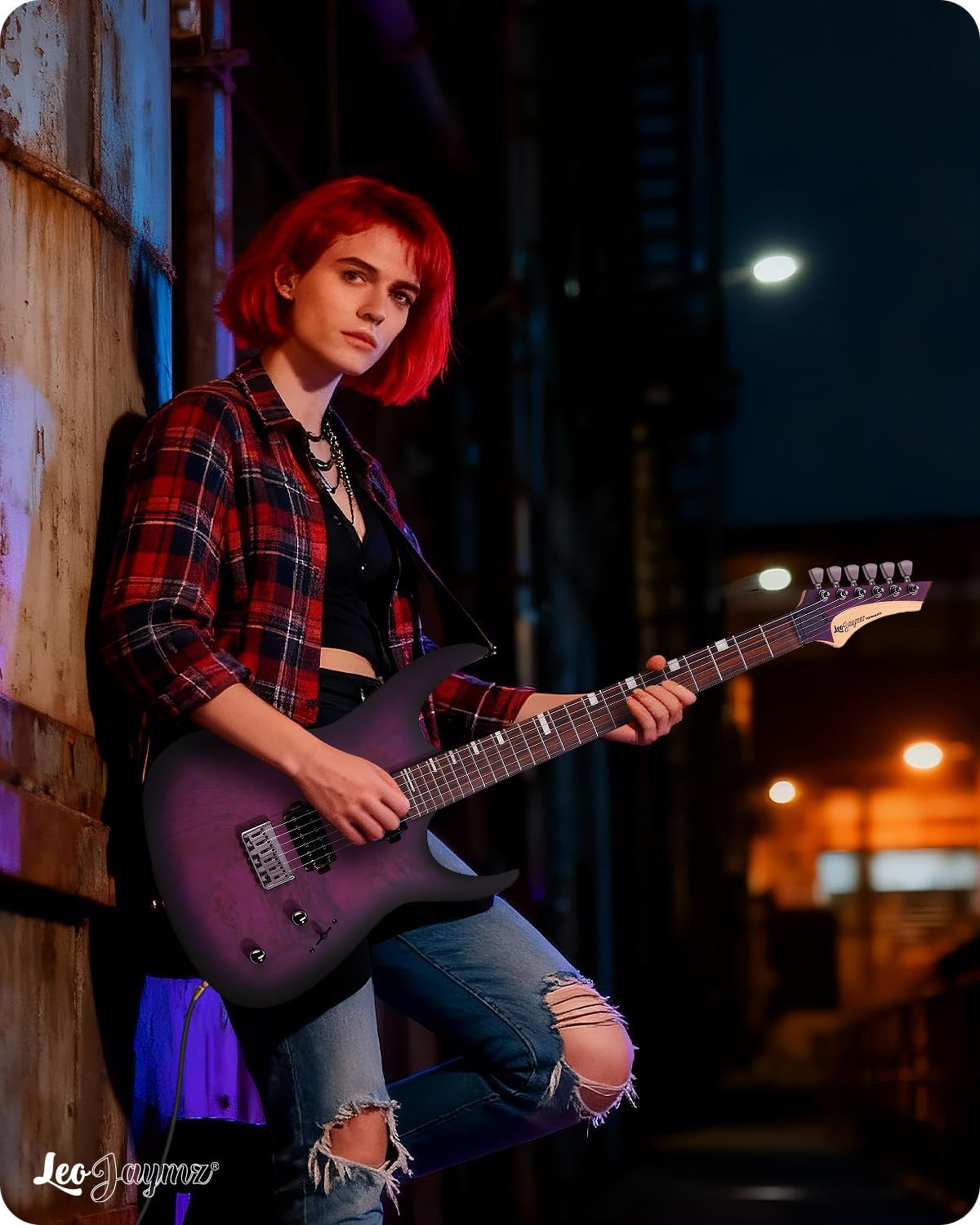 Leo Jaymz Tornado 6-String Electric Guitar, Okoume Body, Maple Neck, Laurel Fingerboard, Dual Alnico V Pickups, Locking Tuners, 3-Way Switch, 24 Frets (Purple Burl)