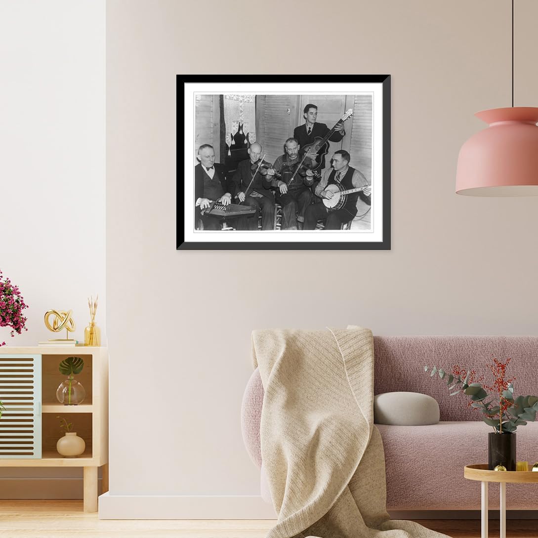 Historic Framed Print, [Members of the Bog Trotters Band seated playing or holding instruments, Galax, Va. Includes band leader, Doc Davis, with autoharp; Uncle Alex Dunford with fiddle; Crockett Ward with fiddle; Wade Ward with banjo; Fields Ward wi