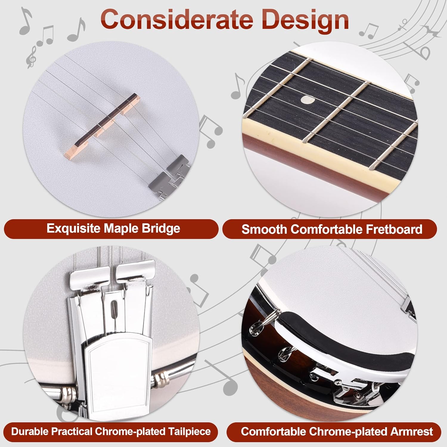 Mulucky 5 String Banjo - Large Size with 24 Brackets, Closed Solid Wood Back, Mahogany Resonator Banjos, Geared 5th Tuner, Package with Beginner Kit - B1107-P