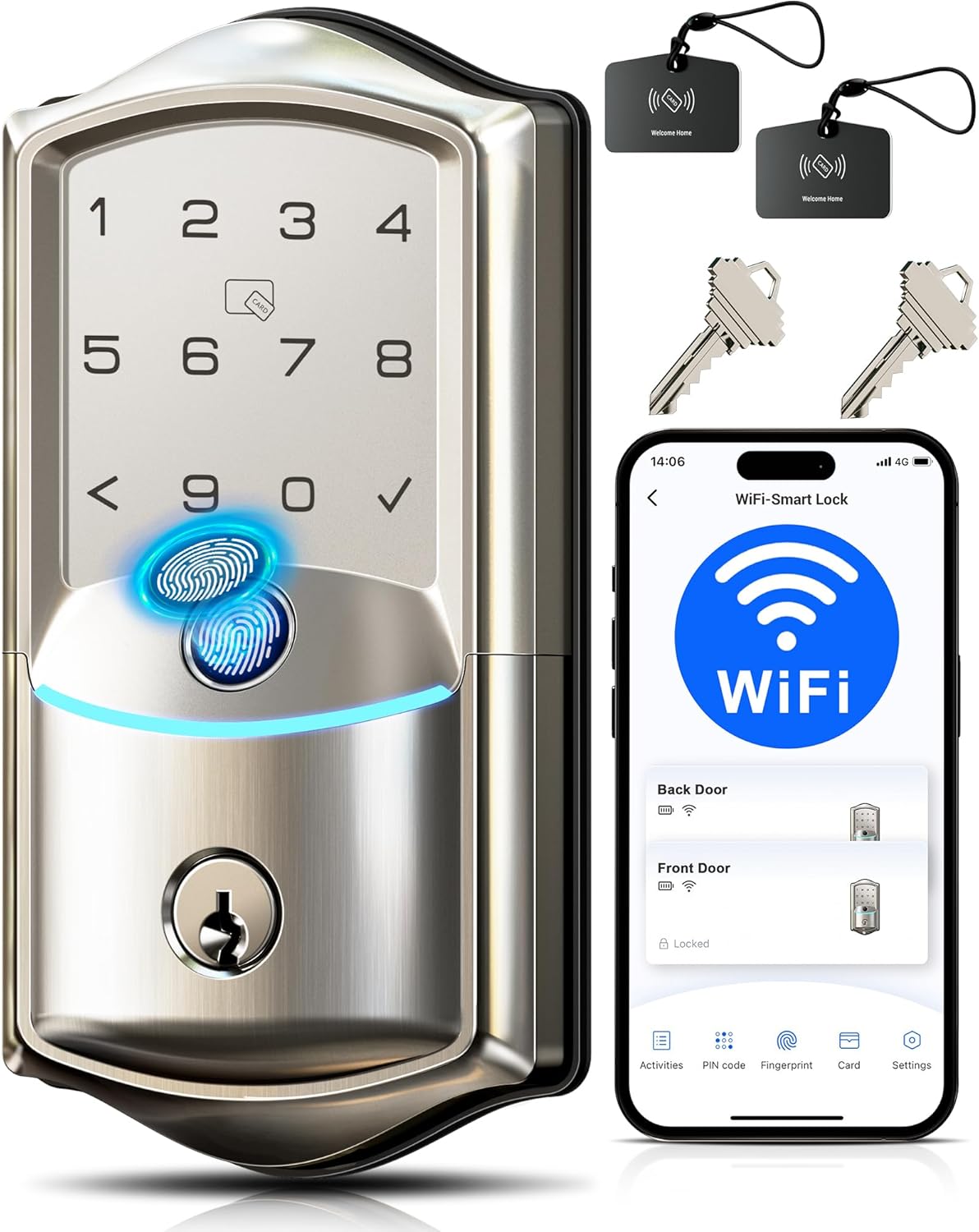Veise VE027 Built-in Wi-Fi Smart Lock, Fingerprint Keyless Entry Front Door Lock, App Remote Control, No Hub Needed, Touchscreen Keypad Deadbolt, IP65 Waterproof, Auto Lock, BHMA Grade 3, Satin Nickel