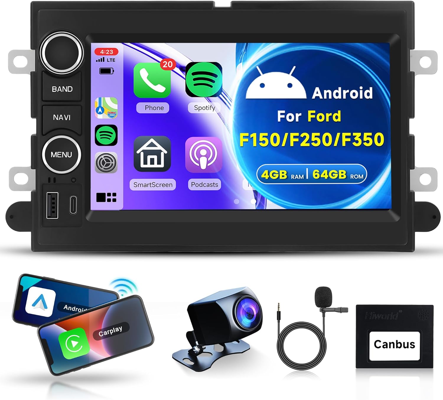 4Core 4G+64G Android Car Radio for Ford F150/F250/F350 E250 E350 2004-2014, Rimoody Car Stereo with Carplay Android Auto GPS Navigation Touchscreen Mirror Link Bluetooth FM/RDS SWC Backup Camera