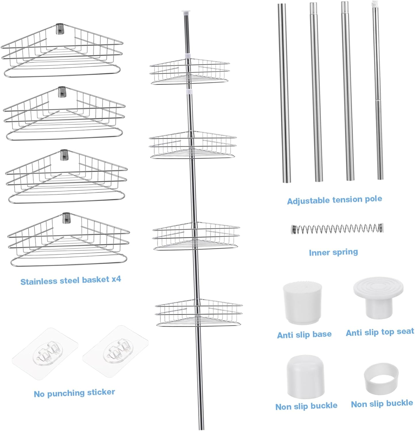 Ciieeo 4tier Bathroom Wall Mount Shelf Shower Shampoo Organizer Telescoping Shower Storage Rack