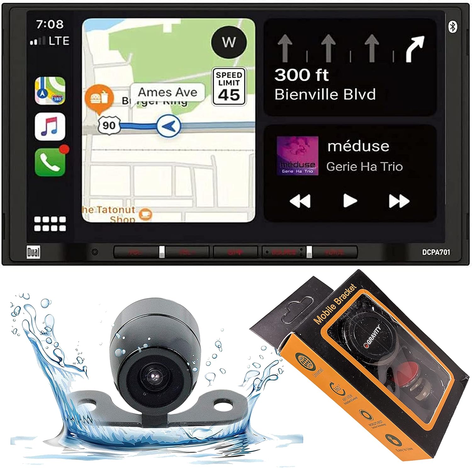 Dual Electronics DCPA701 7-Inch Single-DIN in-Dash Digital Media Receiver with Bluetooth, Android Auto and Wired Mirror Phone to The Unit with Gravity Magnet Phone Holder and Camera PK3 Bundle