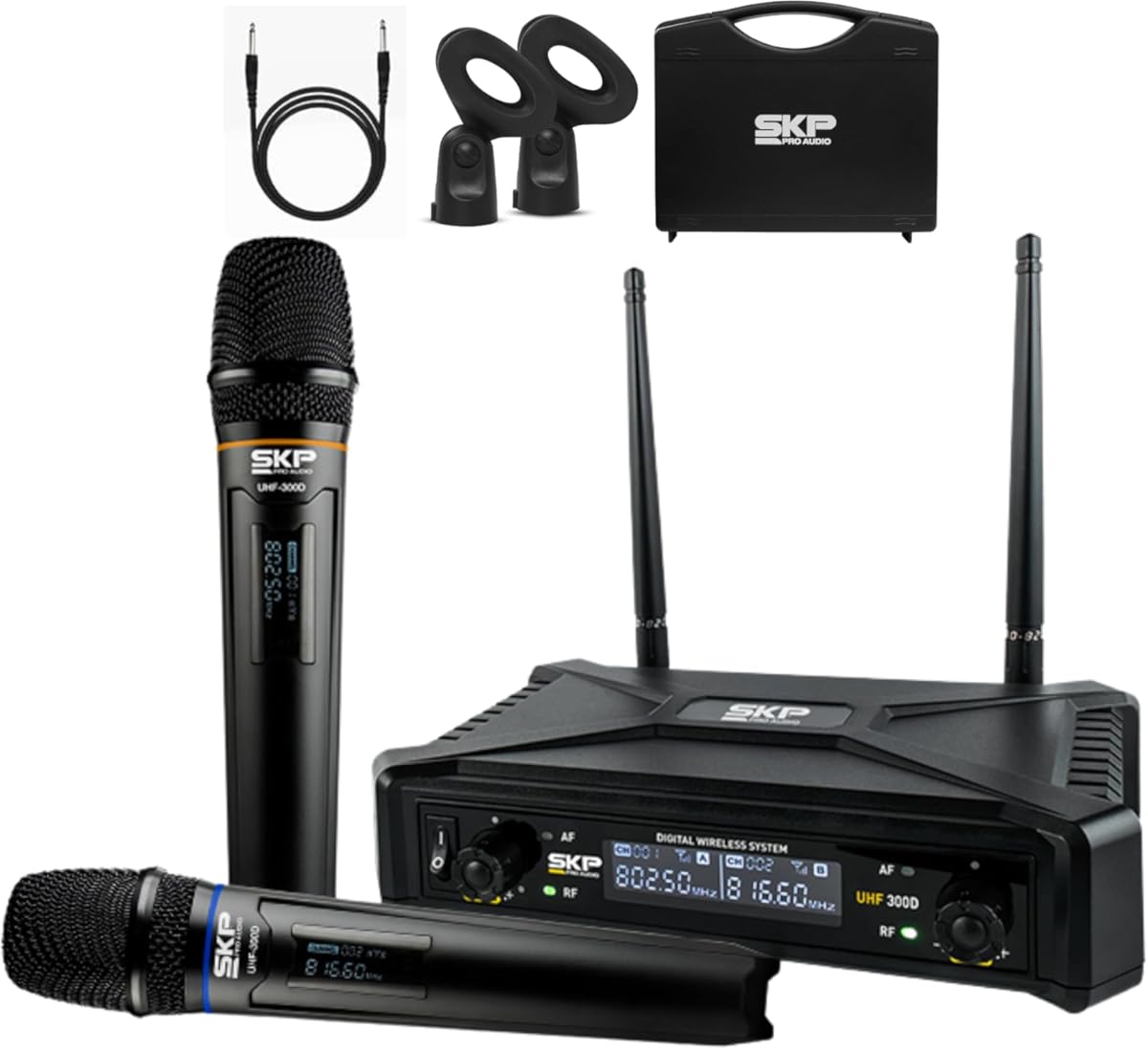 SKP Pro Audio UHF-300D Wireless Microphone System – Dual Handheld Cordless Mics with AA Batteries, 200ft Range, LCD Display, for Singing, Karaoke, Church, DJs, Stage Events - Dynamic mic