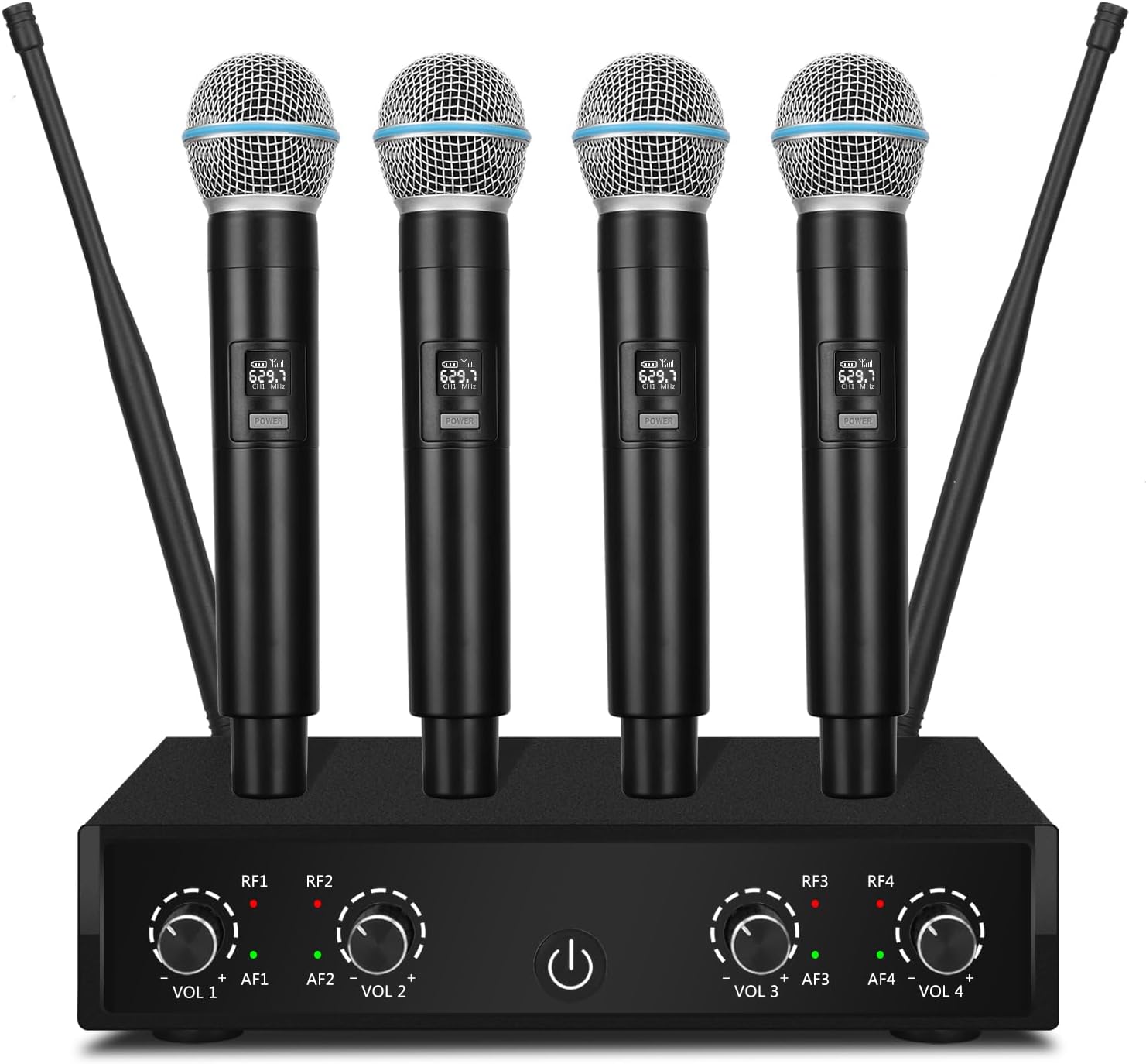 Pro Wireless Microphone System, 4-Channel UHF Wireless Mic, Cordless Mic with 4 Handheld Dynamic Microphones, 260ft Range, Microphone for Singing,Church,Karaoke,Party (410U-4 Handheld)