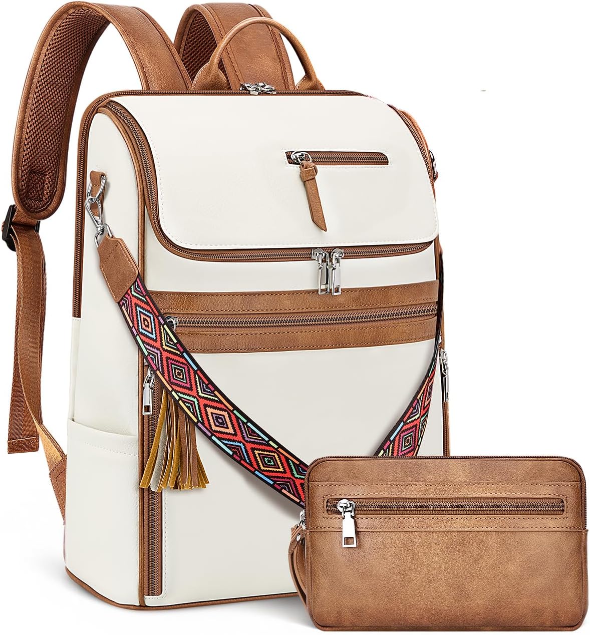 Leather Laptop Backpack for Women Designer Laptop Bag, 16.5 inch Travel Computer Backpacks Purse with Tassel for Work Business with Satchel Purse Beige Brown