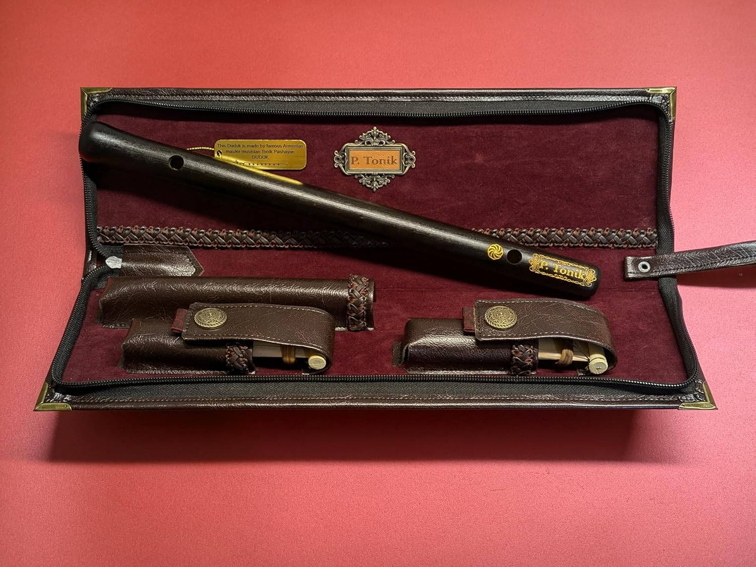 Armenian Duduk Official P. Tonik, Professional Concert Quality Musical Instrument, Handmade from Armenian Apricot Wood, 2 Professional Reeds, Genuine Leather Case, Made in Armenia (Brown Leather Case)