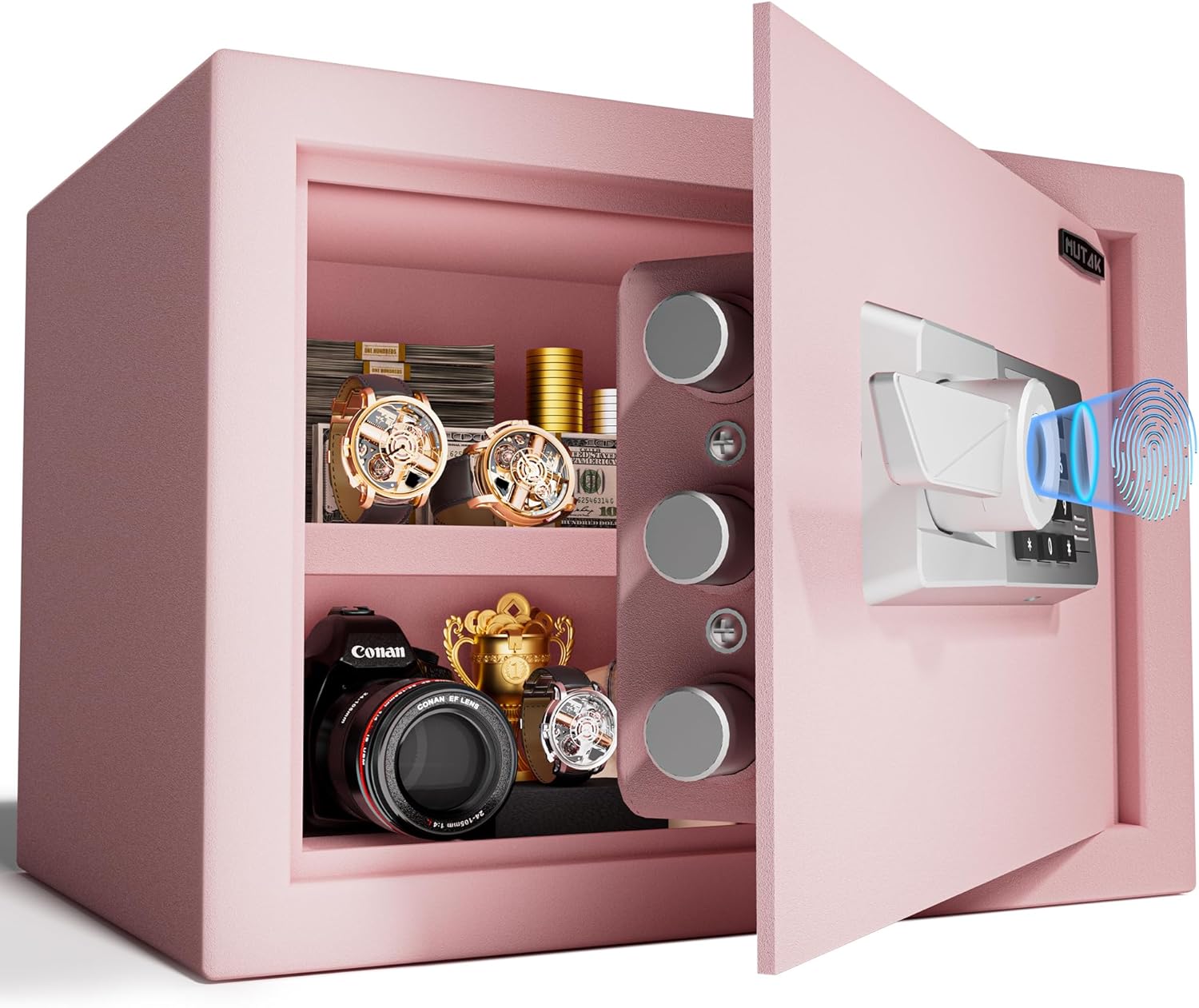 1.0 Cub Biometric Safe Box with Fireproof Bag, Quick-Access Fingerprint Safe with Keys, Digital Keyboard, Type-C Port, Dual Alarm System Safety Box for Home, Office, Hotel Use(Pink)