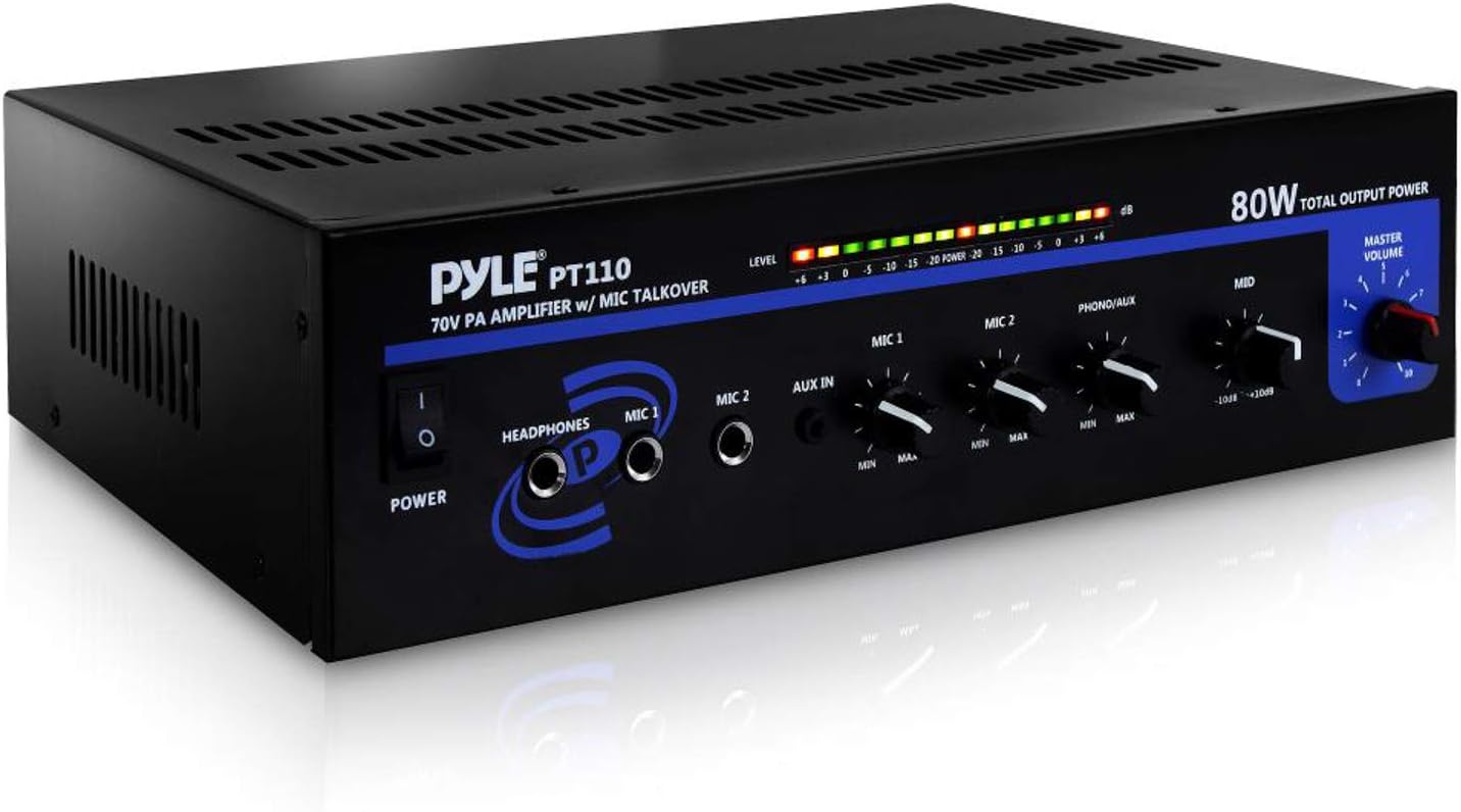 Pyle Compact Mono Public Address Amplifier - Professional 80 Watt Peak 70v PA Amplifier for Restaurants or Commercial Applications, 2 Mic Inputs With Independent Volume Control, Headphone In - PT110