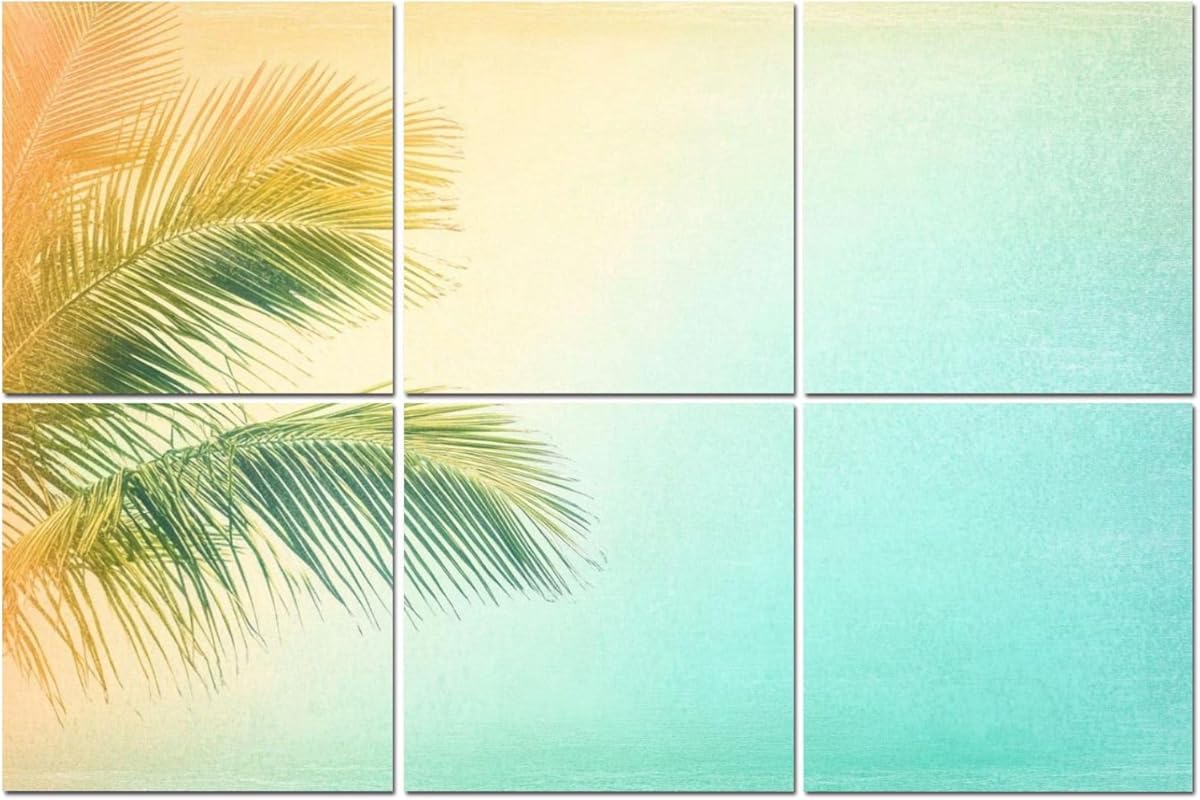 6 Pack Art Acoustic Panels Palm Leaf Tree Sunlight Clear Sky Grunge Abstract Orange Yellow Teal Sound Absorbing Panel 48