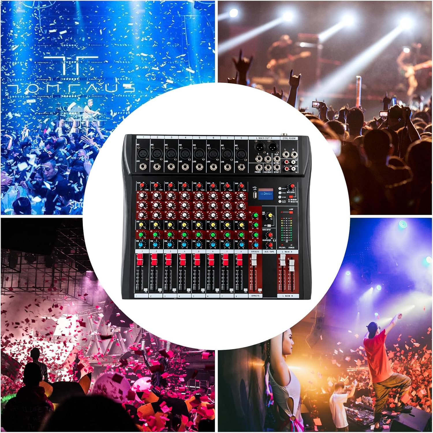 8-Channel Audio Mixer 110V Professional Live Studio DJ USB Bluetooth Stage Mixing Console 18W