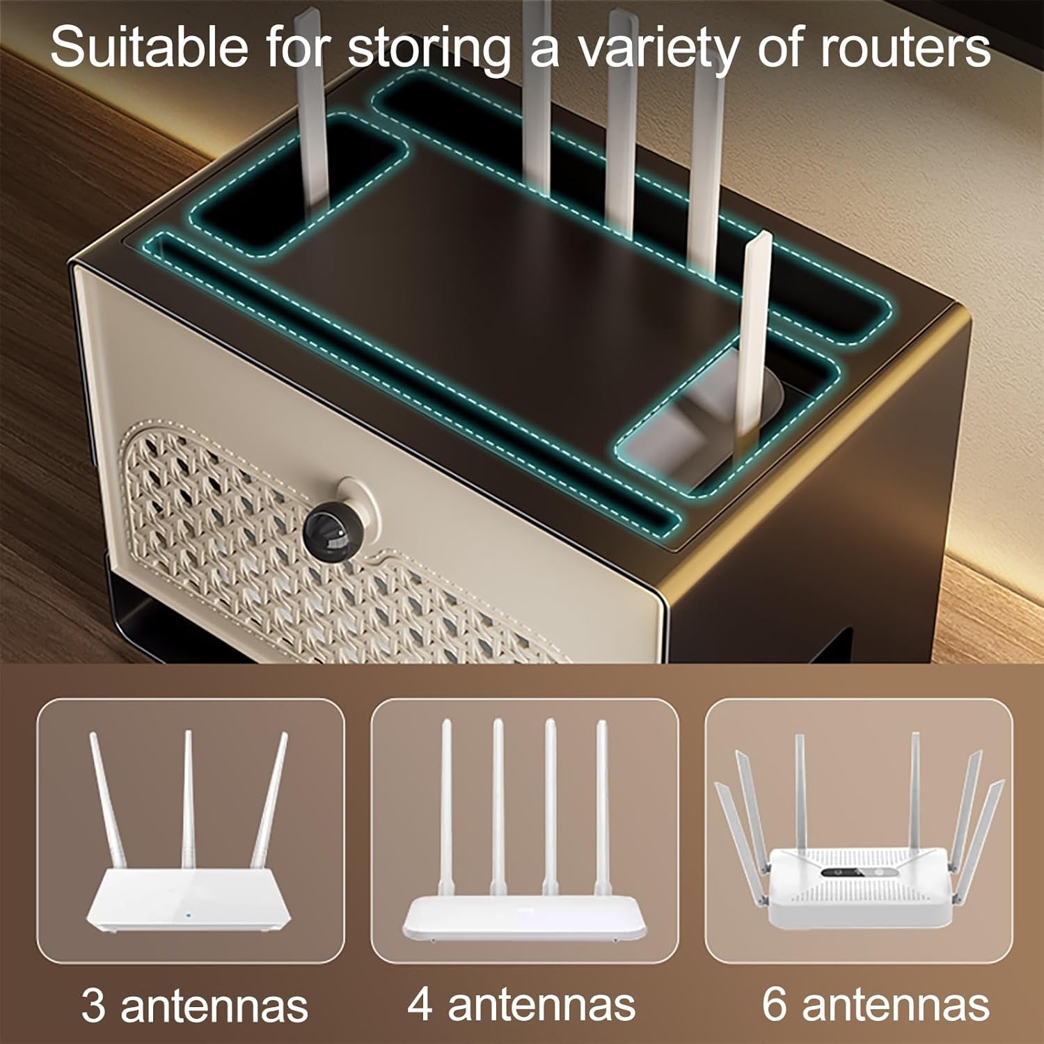 Rattan Router Shelf, WiFi Box Hider with Hollowed-Out, Cable Power Plug Wire Storage Boxes, Rustic Home Organization Solution for Most Routers