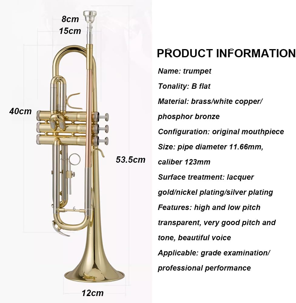 B Flat Lacquered Gold Trumpet, Western Wind Instruments, Band Chorus Festival Celebration Instruments, Suitable for Beginners/Teaching/Adults