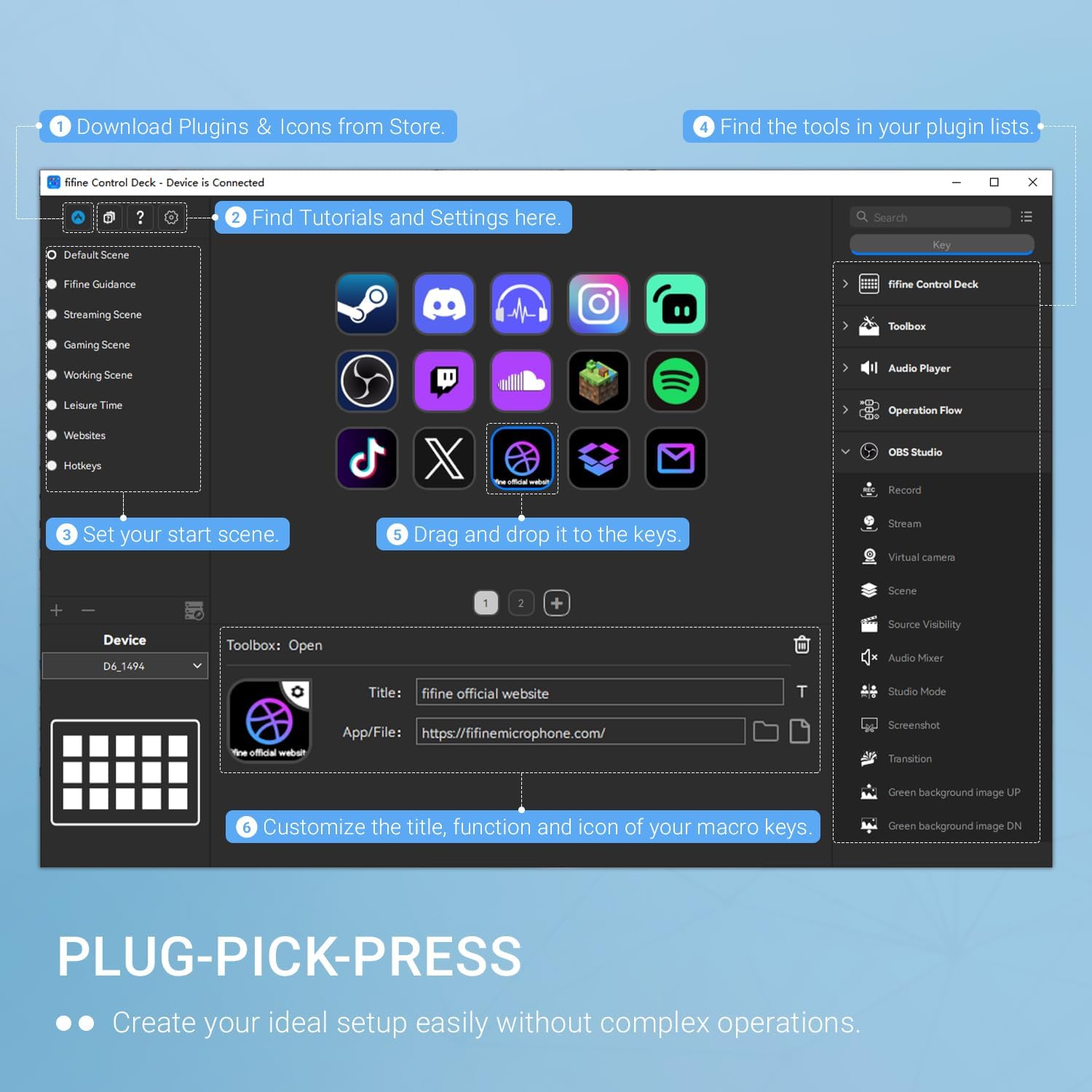 FIFINE AmpliGame Gaming Controller with 15 Shortcuts for OBS Streaming Studio with Macro Keys, Trigger Actions, PC Media RGB Controller for Content Creation/Office Work-D6 White