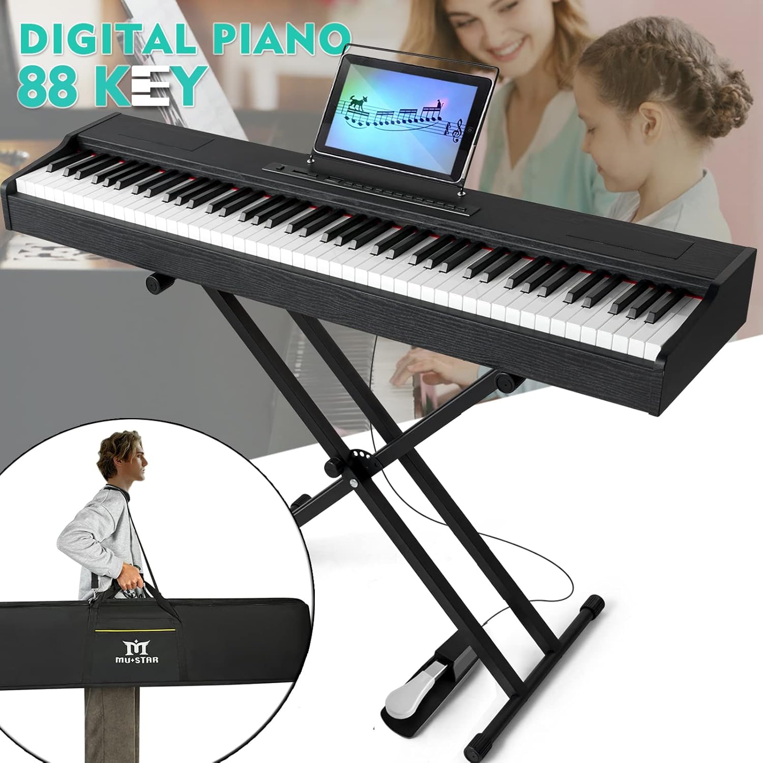 MUSTAR 88 Key Piano Keyboard Fully Weighted Hammer Action, Digital Piano 88 Key Weighted Keyboard Piano with Stand, Electric Piano Keyboard with Stand, Portable Case, Sustain Pedal, Black