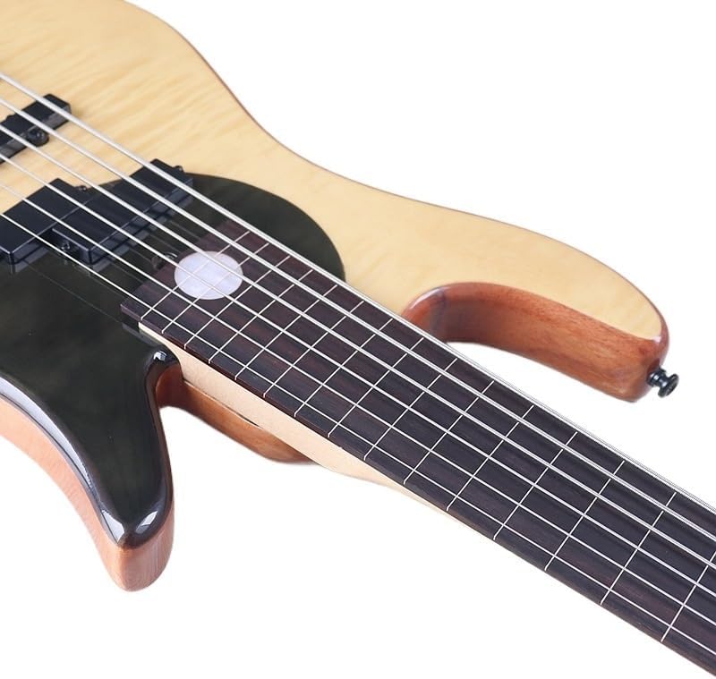 Fretless 6-String Electric Bass Guitar, 43-Inch High Gloss White Maple with Black Flame Maple, Solid Mahogany Body