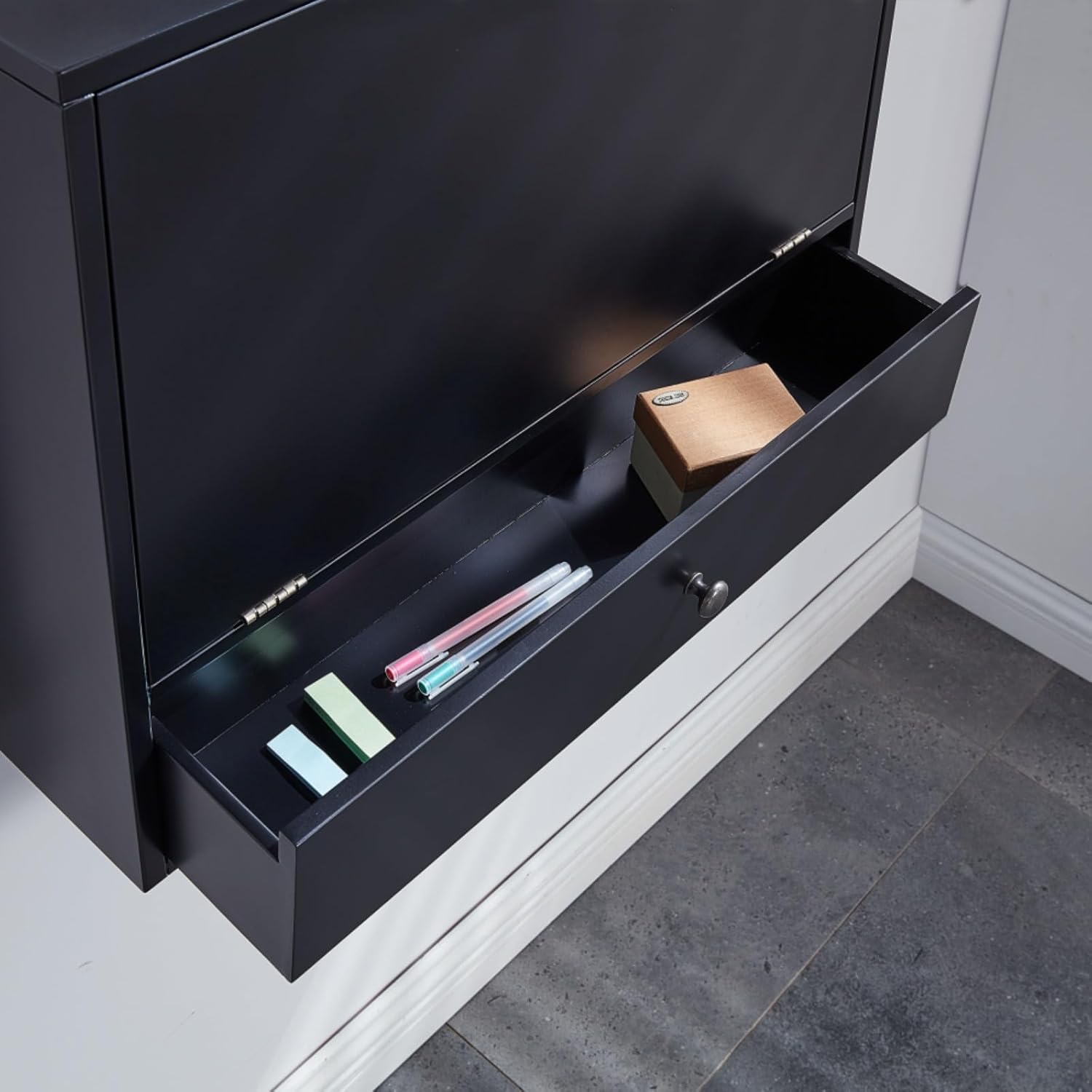 Hassyee Modern Design Wall Mount Laptop Desk for Small Spaces, Corner Fold-Down Writing Table Desk with Storage Drawer and Shelves, Easy to Assemble