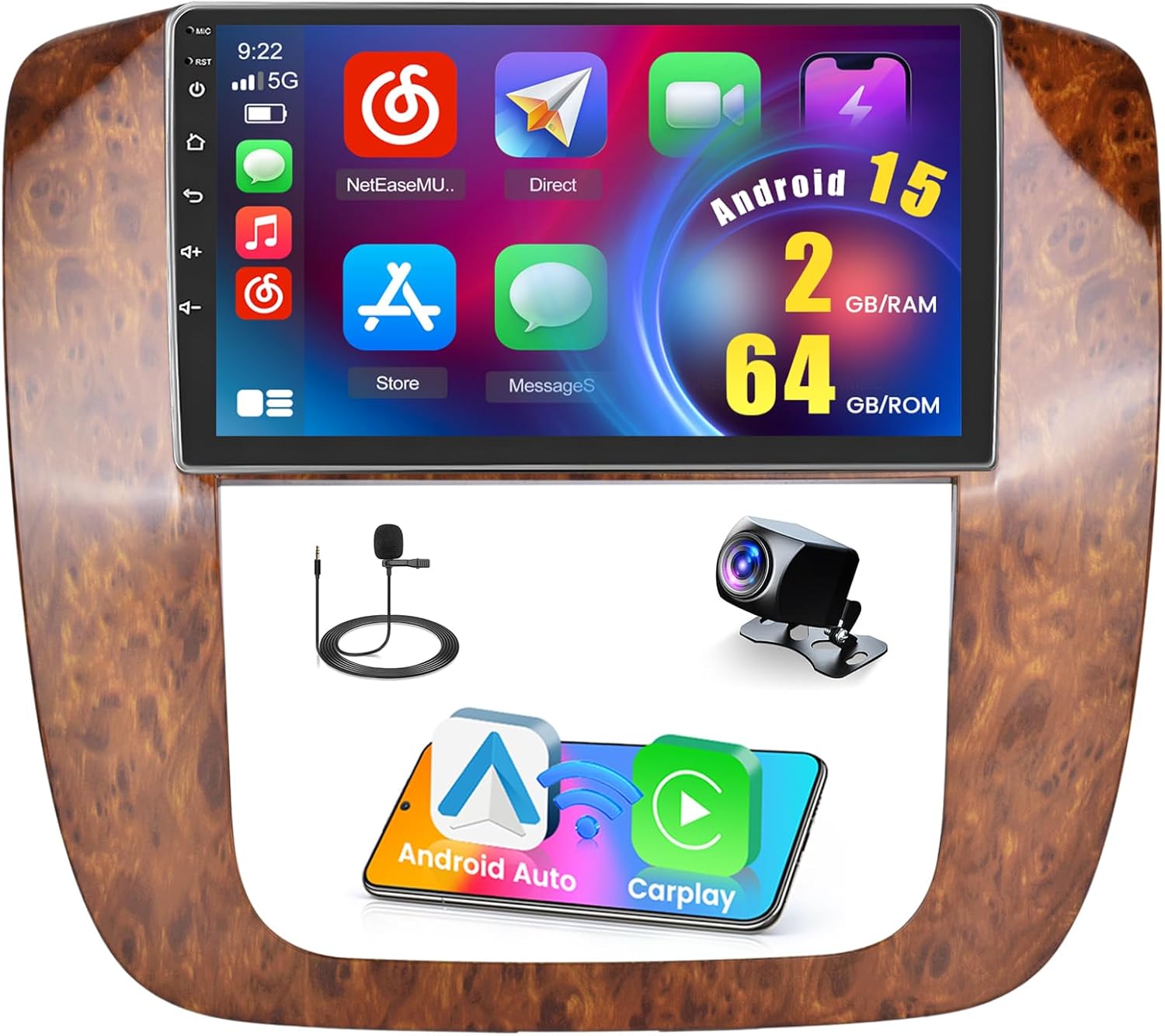 [2+64GB] Android 15 Car Radio for Chevrolet Chevy Tahoe Suburban GMC Yukon 2007-2012 with Wireless Carplay/Android Auto, 9 Inch HD Touchscreen Car Stereo with GPS WiFi Bluetooth FM/RDS SWC