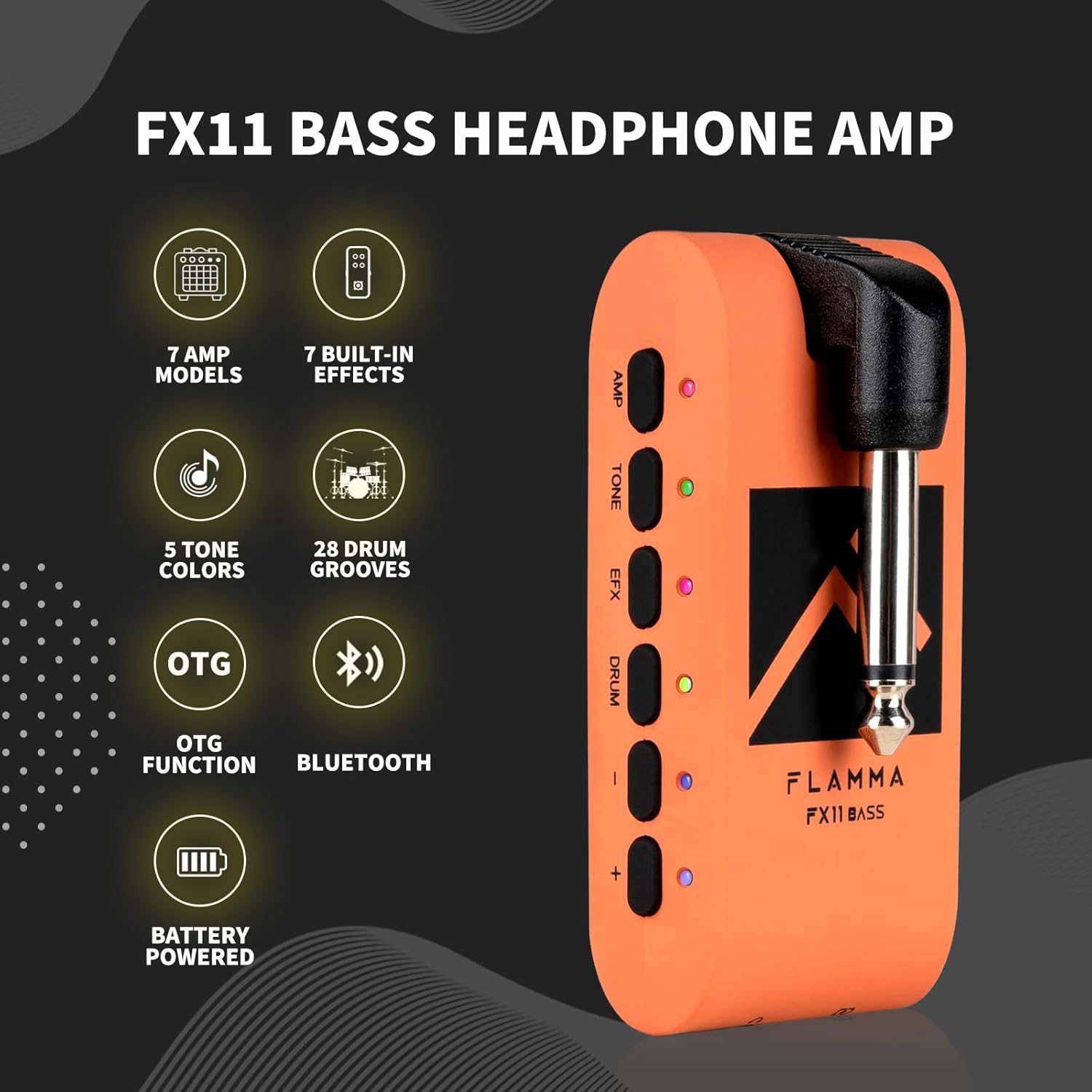 FLAMMA Bass Headphone Amp Portable Modeling Headphone Amplifier with 28 Drum Grooves 7 Amp Models Built-in Effects 5 Tone Color Support Bluetooth USB Audio Recording&Playback OTG Function Rechargeable