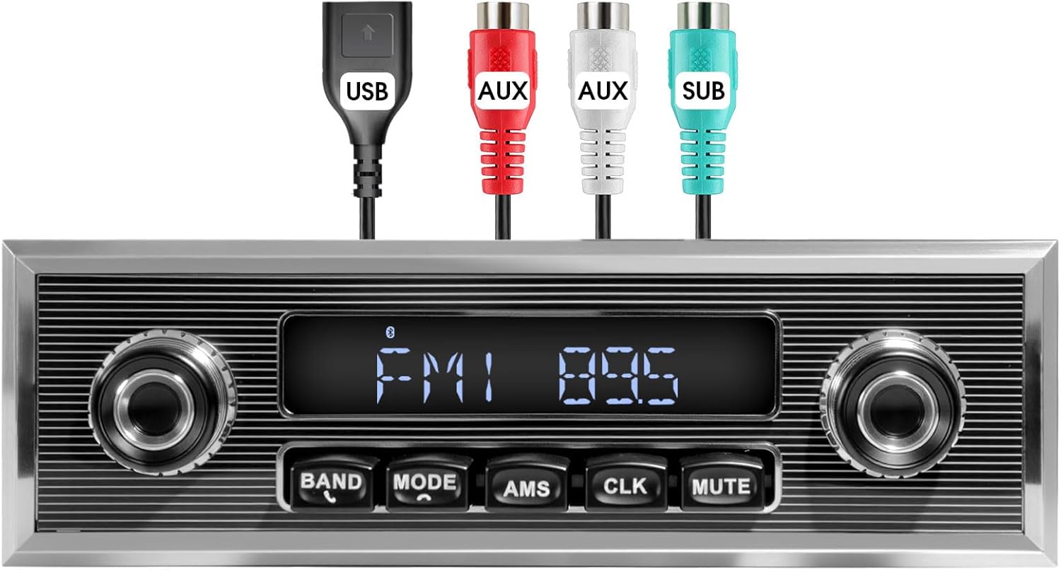 Retro Style Classic Car Radio - ABSOSO Bluetooth Single Din Vintage Stereo - AM FM Tuner USB AUX Input 4.1 CHN Subwoofer Output