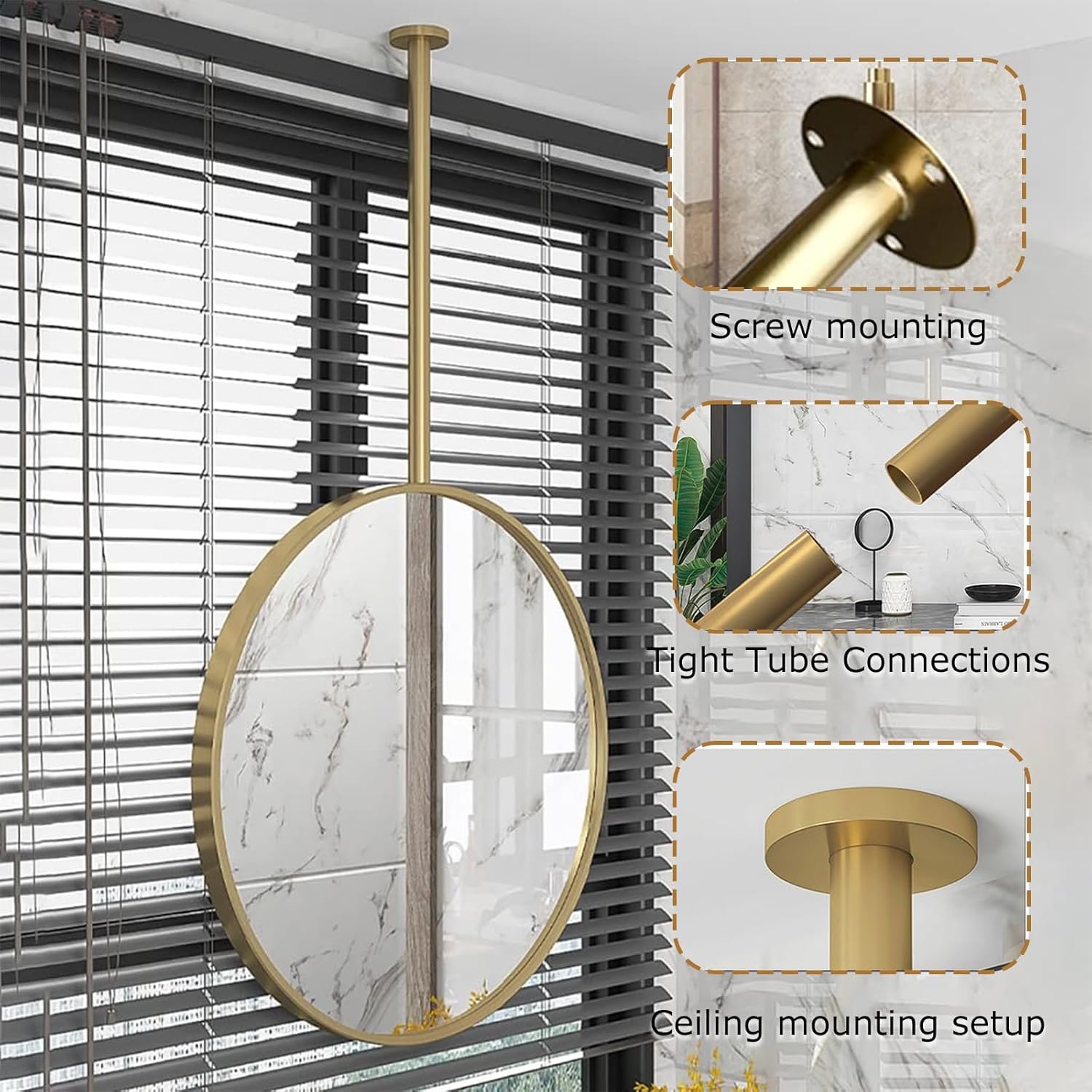 Ceiling Mounted Entryway Mirror Ceiling Mount Bathroom Wall Decor Mirror Hanging Rod Vanity Make-up Corner Mirror Wall Mount Mirrors Metal Pole Ceiling Suspended Mirror Circle Gold Black Pivot Mirror(