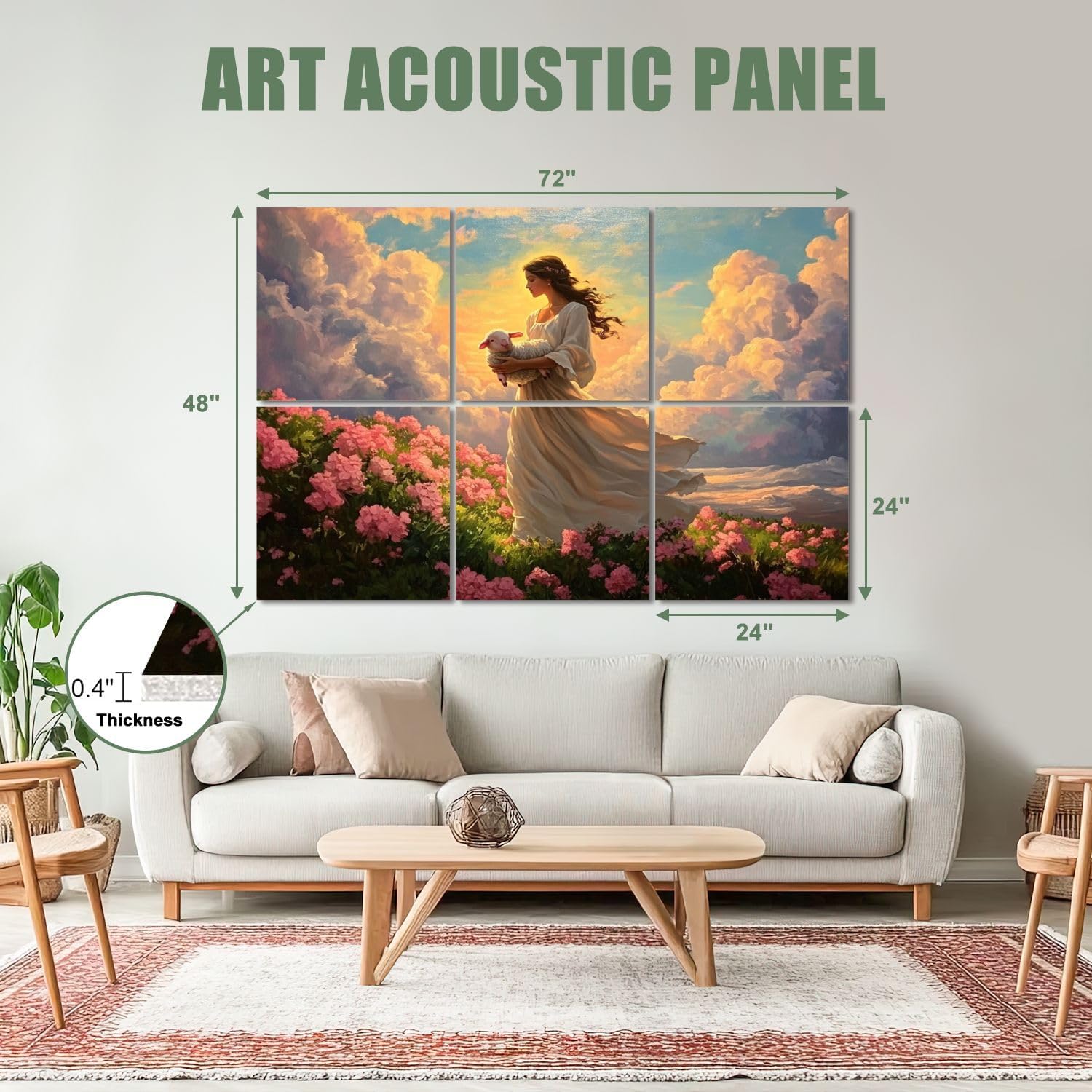 6 Pack Art Acoustic Panels Sound Absorbing Lamb Pink Flower Field Modern Theme Christian Christ Spiritual Flowers Decorative Soundproof Wall Panels Self Adhesive for Recording Studios Office 72
