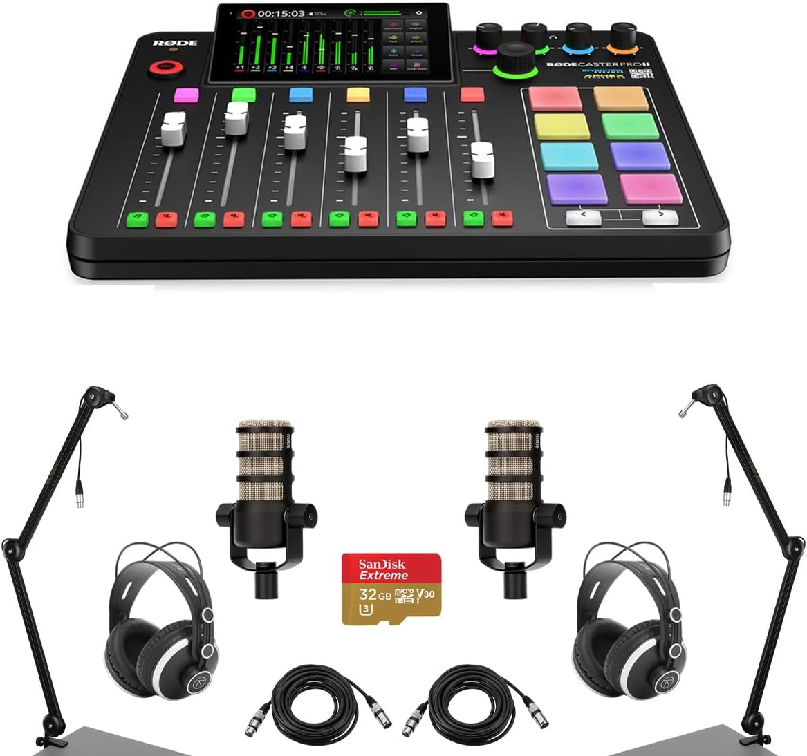Rode RODECaster Pro II Integrated Audio Production Studio Console Bundle with 2x PodMic Microphone, 2x TAPH500 Headphones, 2x Broadcast Arm, 2x M to F XLR Cable, 32BG microSD Card