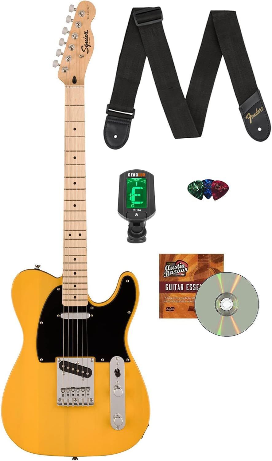 Fender Squier Sonic Telecaster - Butterscotch Blonde Bundle with Tuner, Strap, Picks, and Austin Bazaar Guitar DVD