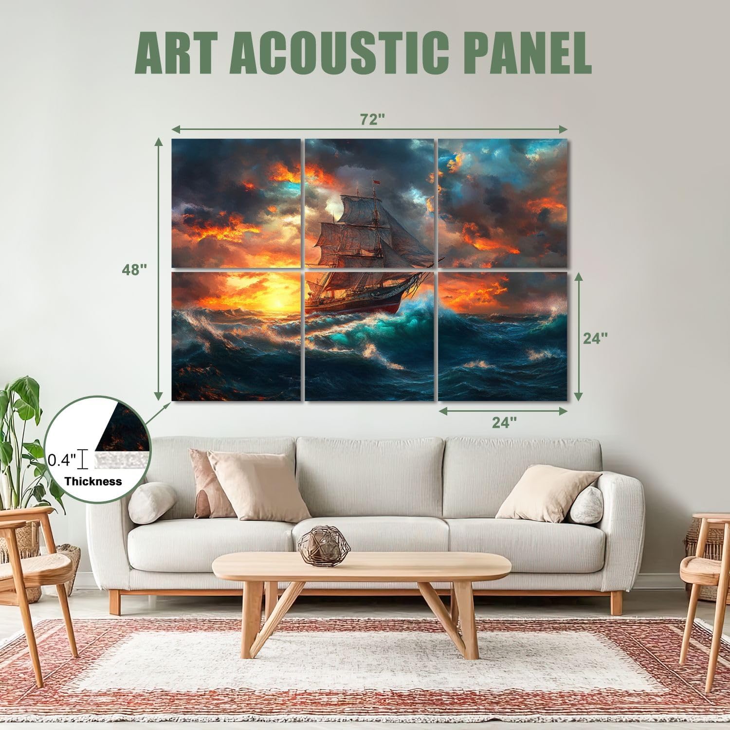 6 Pack Art Acoustic Panels Sound Absorbing Stormbound Sailing Ship Rough Sea Waves Dramatic Sky Sunset Clouds Oil Decorative Soundproof Wall Panels Self Adhesive for Recording Studios Office 72