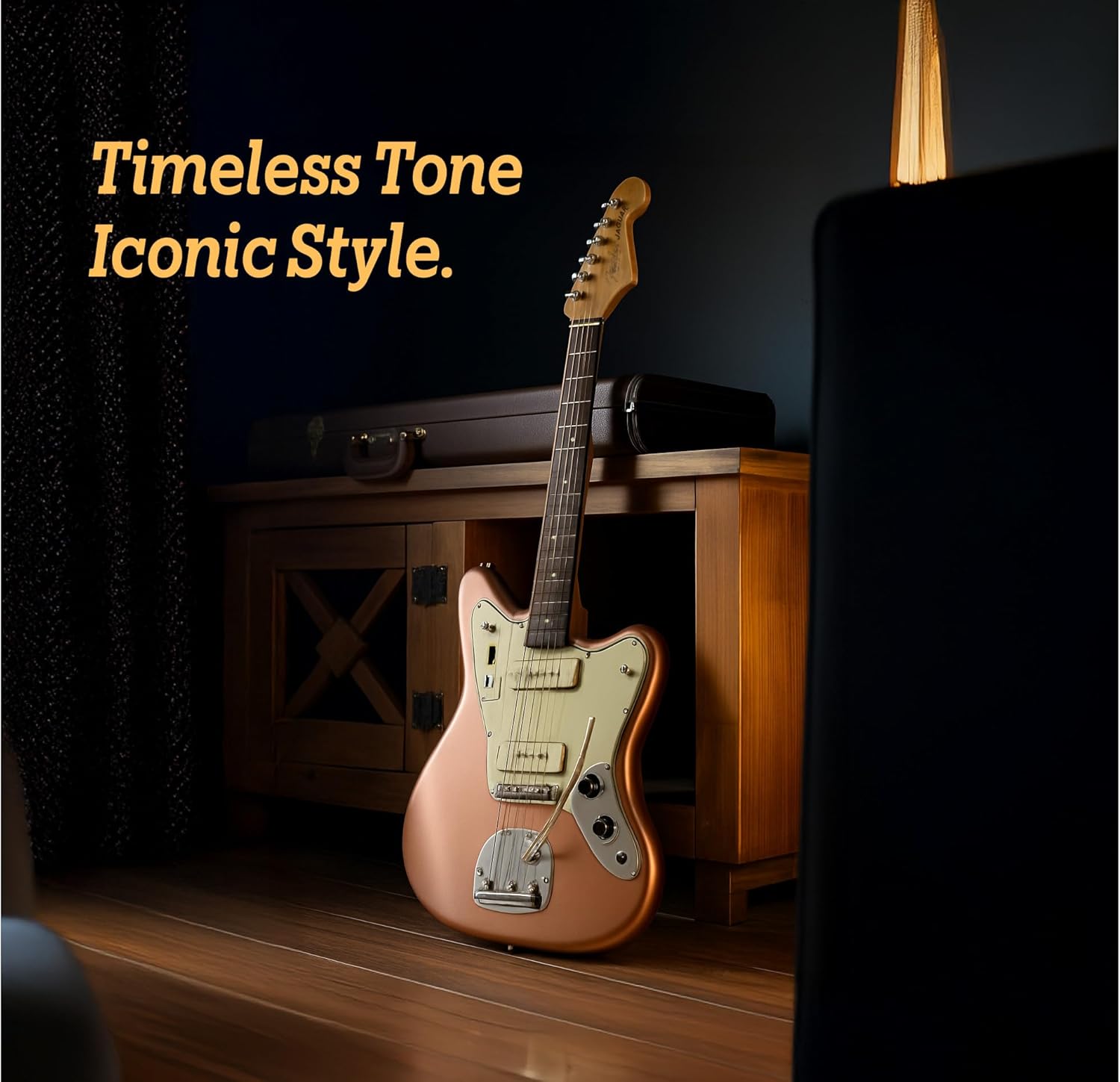 Fender American Professional Classic Jaguar - Faded Firemist Gold Bundle with Gig Bag, Strap, Cable, and Guitar Cleaning Kit